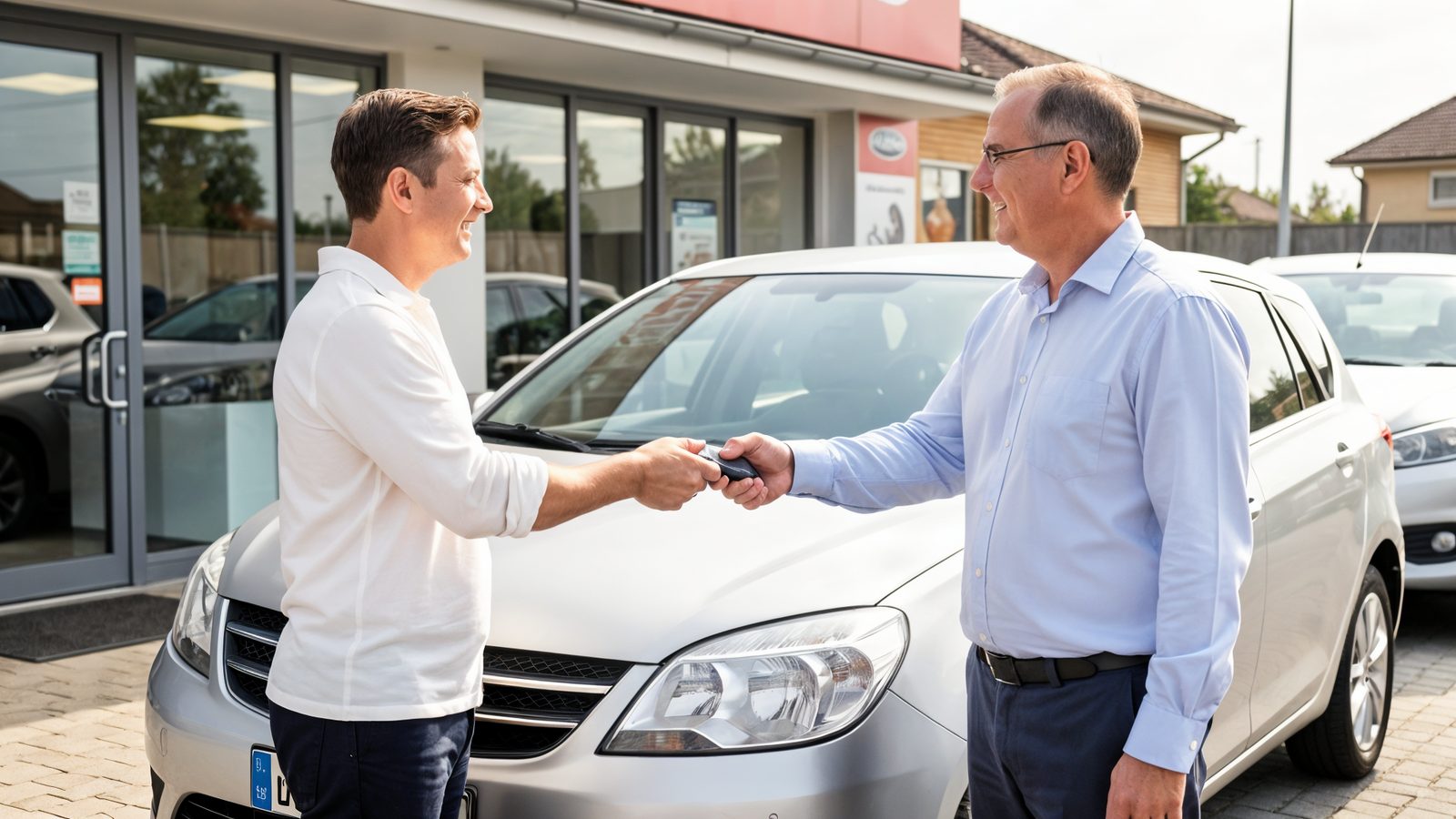 Achat d un vehicule d occasion avec remise des cles et poignee de main chaleureuse