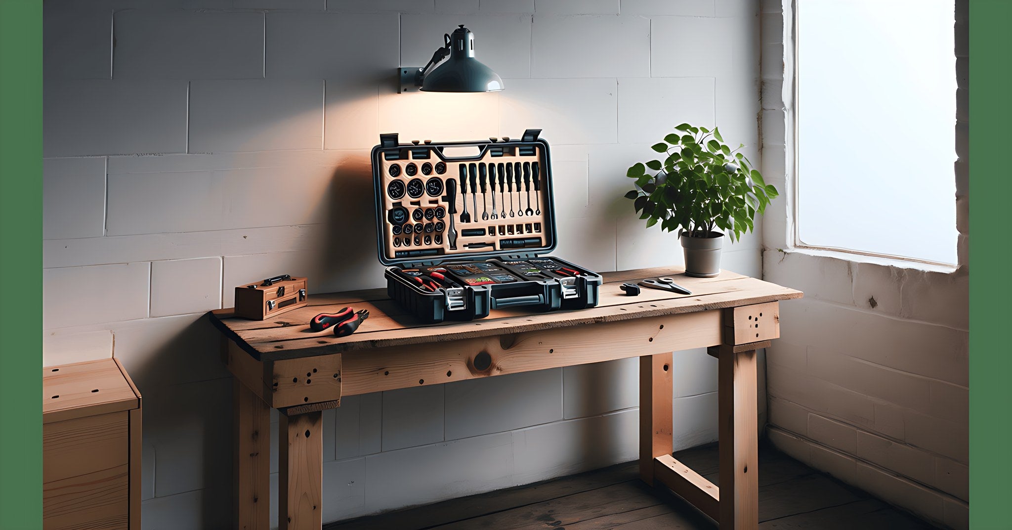 Coffret d outillage complet ouvert sur un etabli en bois dans un atelier