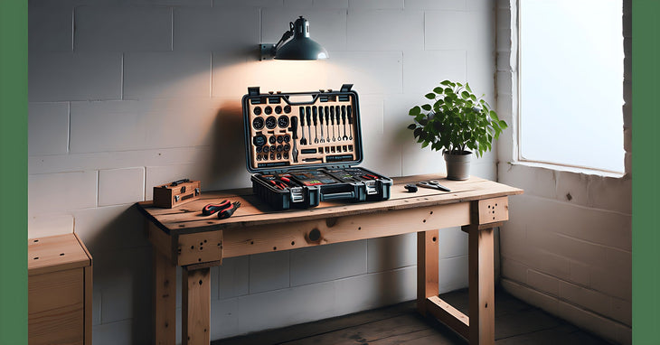 Coffret d outillage complet ouvert sur un etabli en bois dans un atelier