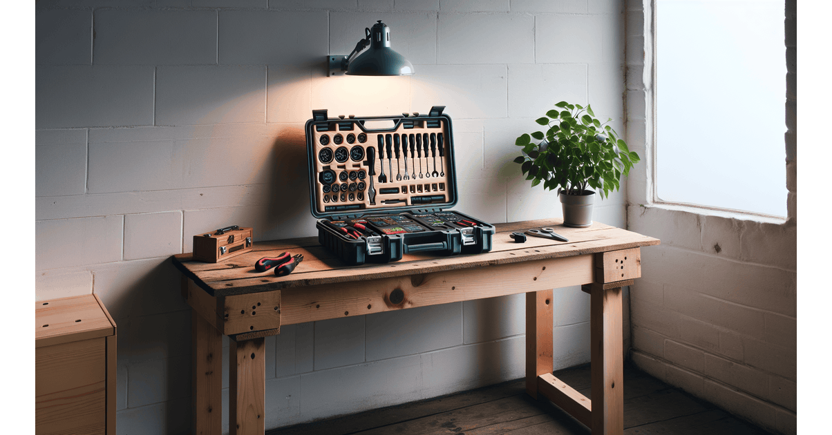Coffret d outillage complet ouvert sur un établi en bois dans un atelier