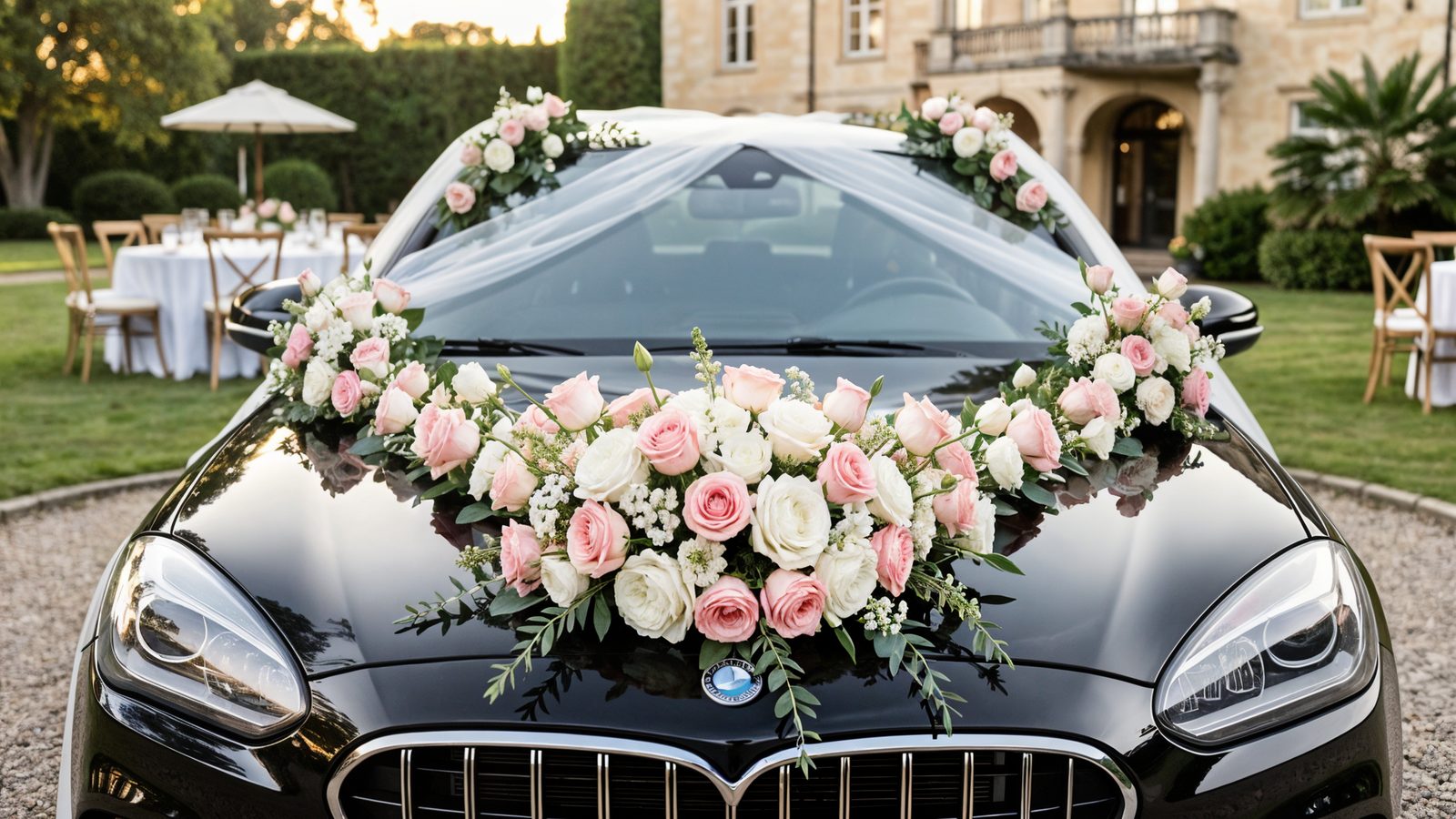 Mariee tenant la main de son mari depuis une voiture de mariage blanche decoree avec un bouquet