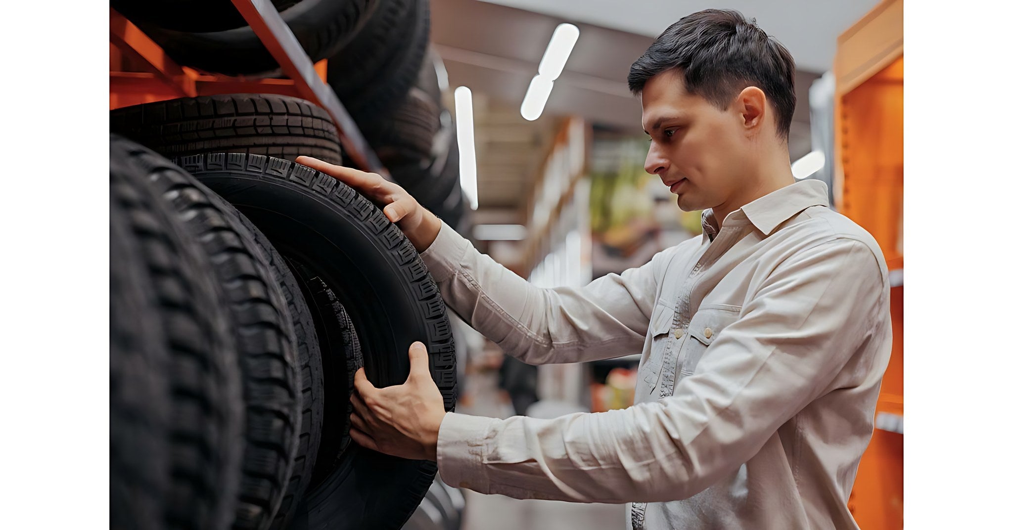 Homme choisissant des pneus de voiture dans un magasin specialise en equipement automobile