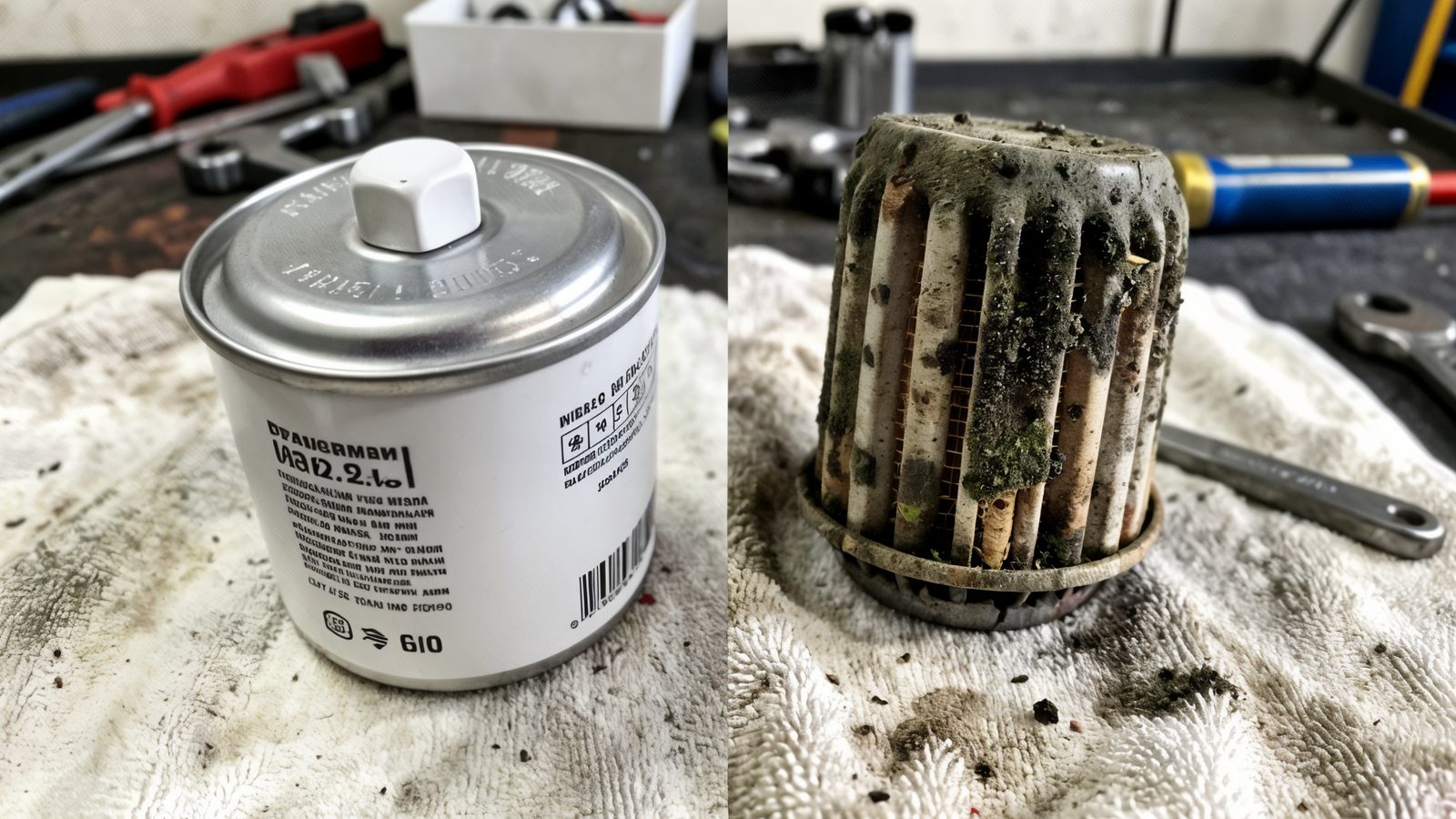 Comparatif entre un filtre a carburant neuf et un modele usage pour diagnostic auto