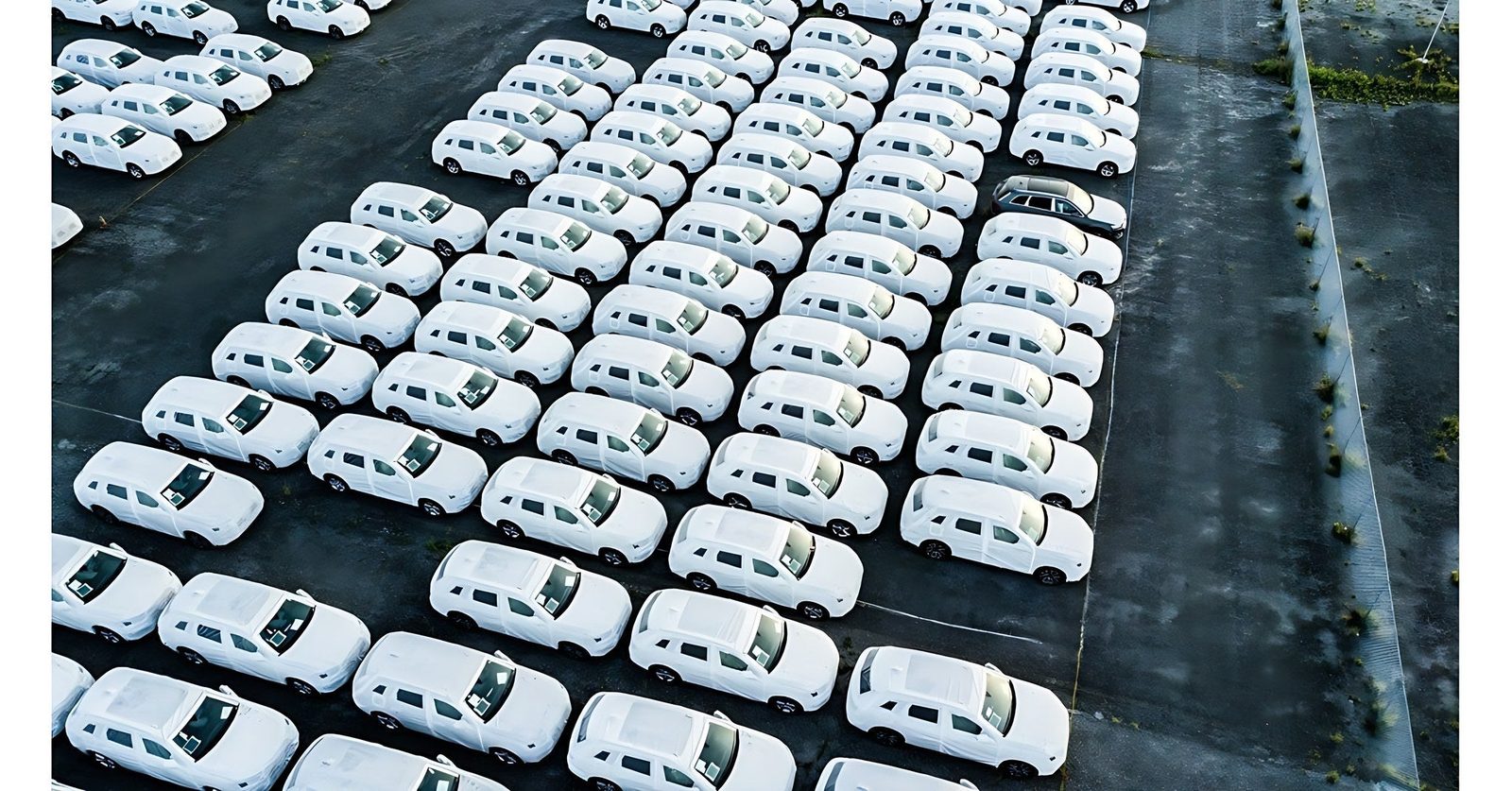 Vue aerienne de vehicules utilitaires blancs alignes sur un parc de flotte automobile d entreprise