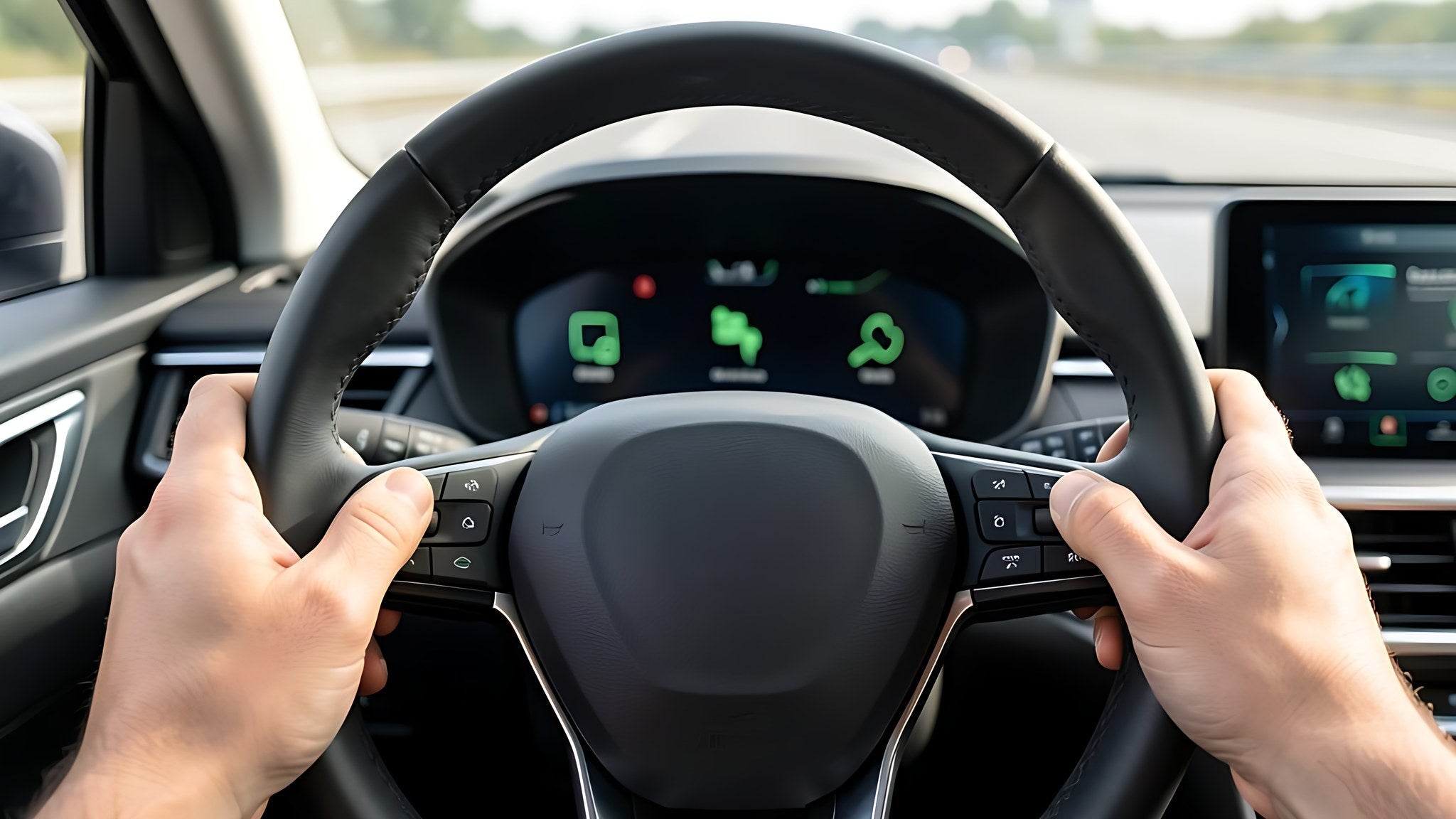 Conducteur tenant le volant avec les icones d aide a la conduite ADAS actives sur l ecran
