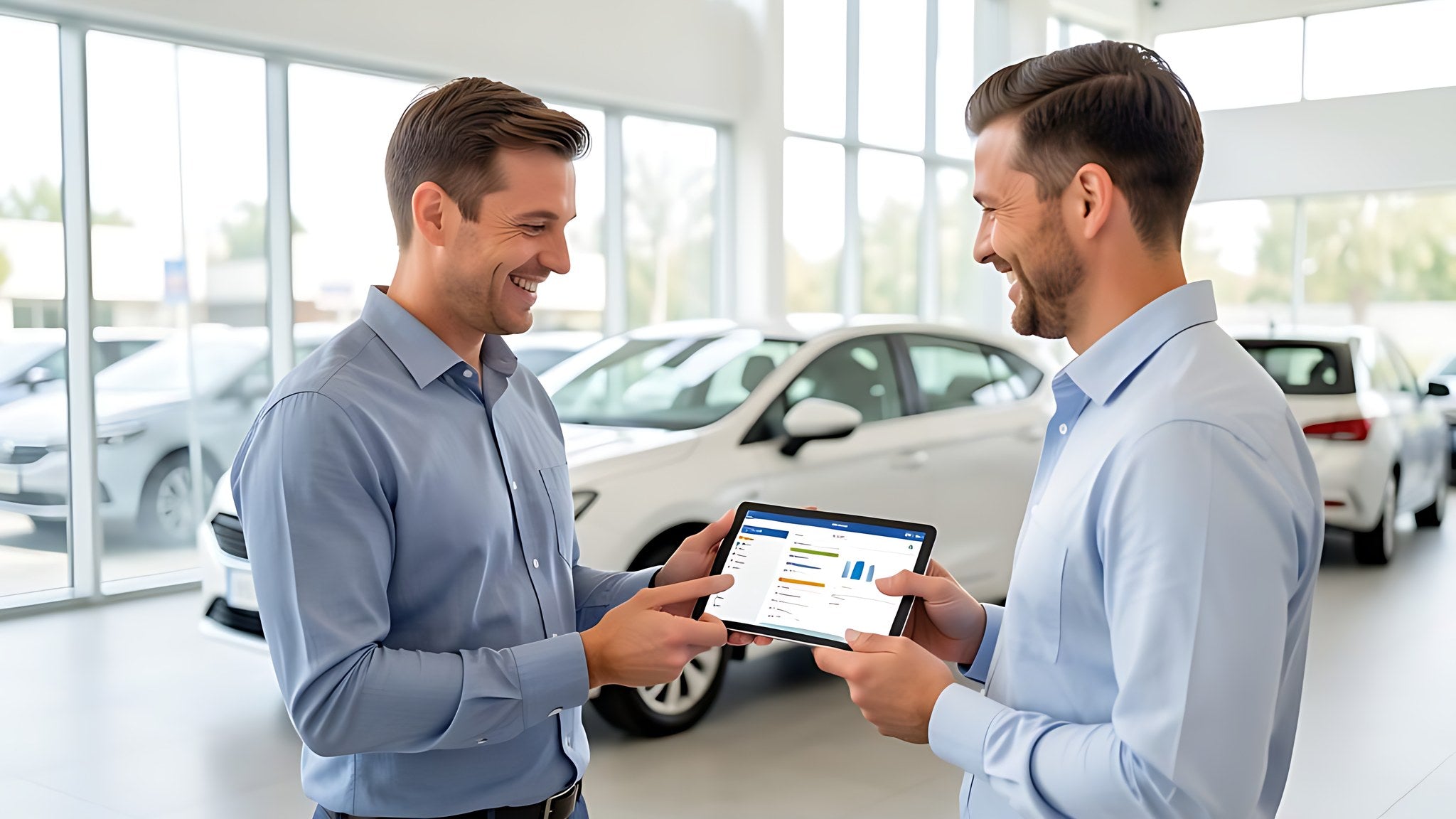 Conseiller commercial en concession automobile consultant un outil digital sur tablette avec un client
