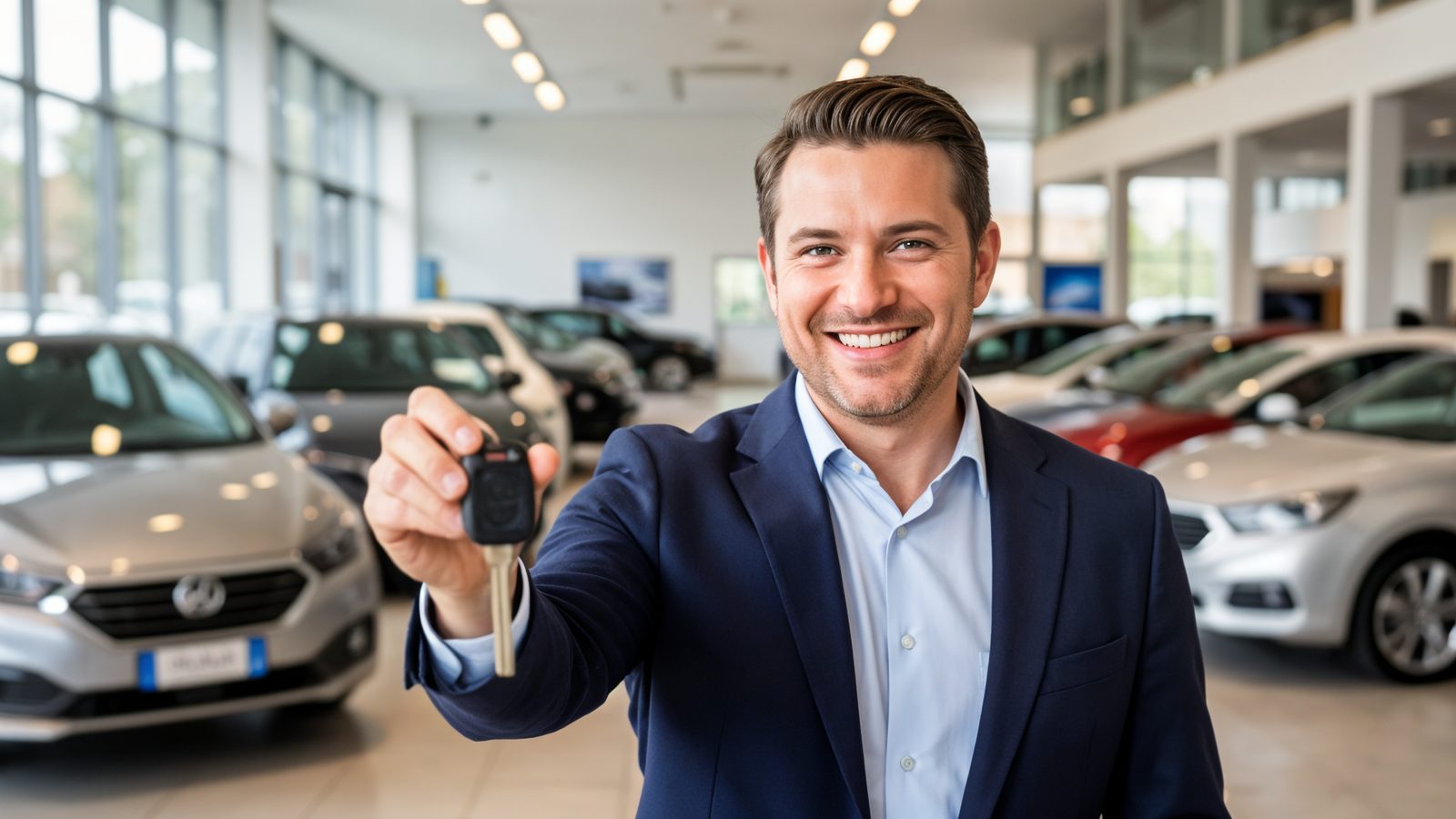 Conseiller en concession automobile remettant une cle de voiture pour un contrat de leasing