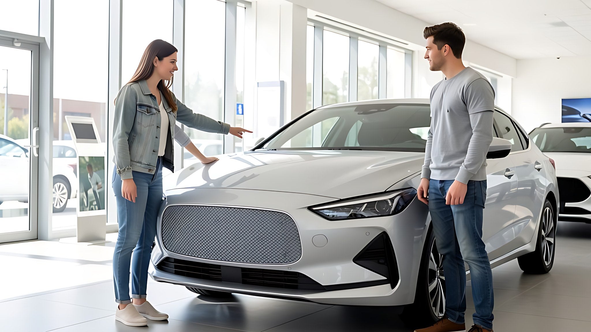 Couple examinant ensemble une voiture chez un concessionnaire avant de signer le bon de commande
