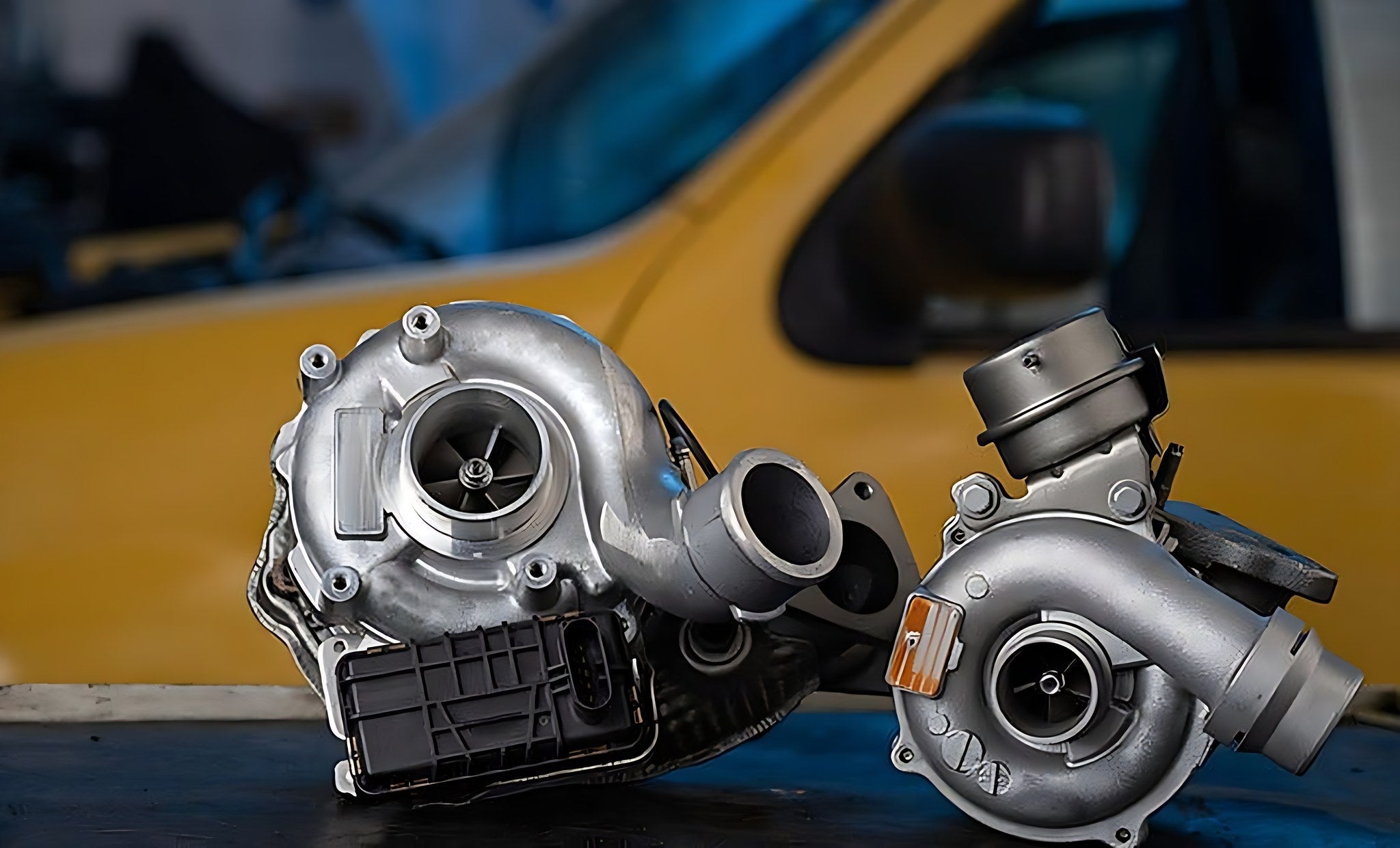 Deux turbocompresseurs automobiles neufs poses sur un etabli datelier