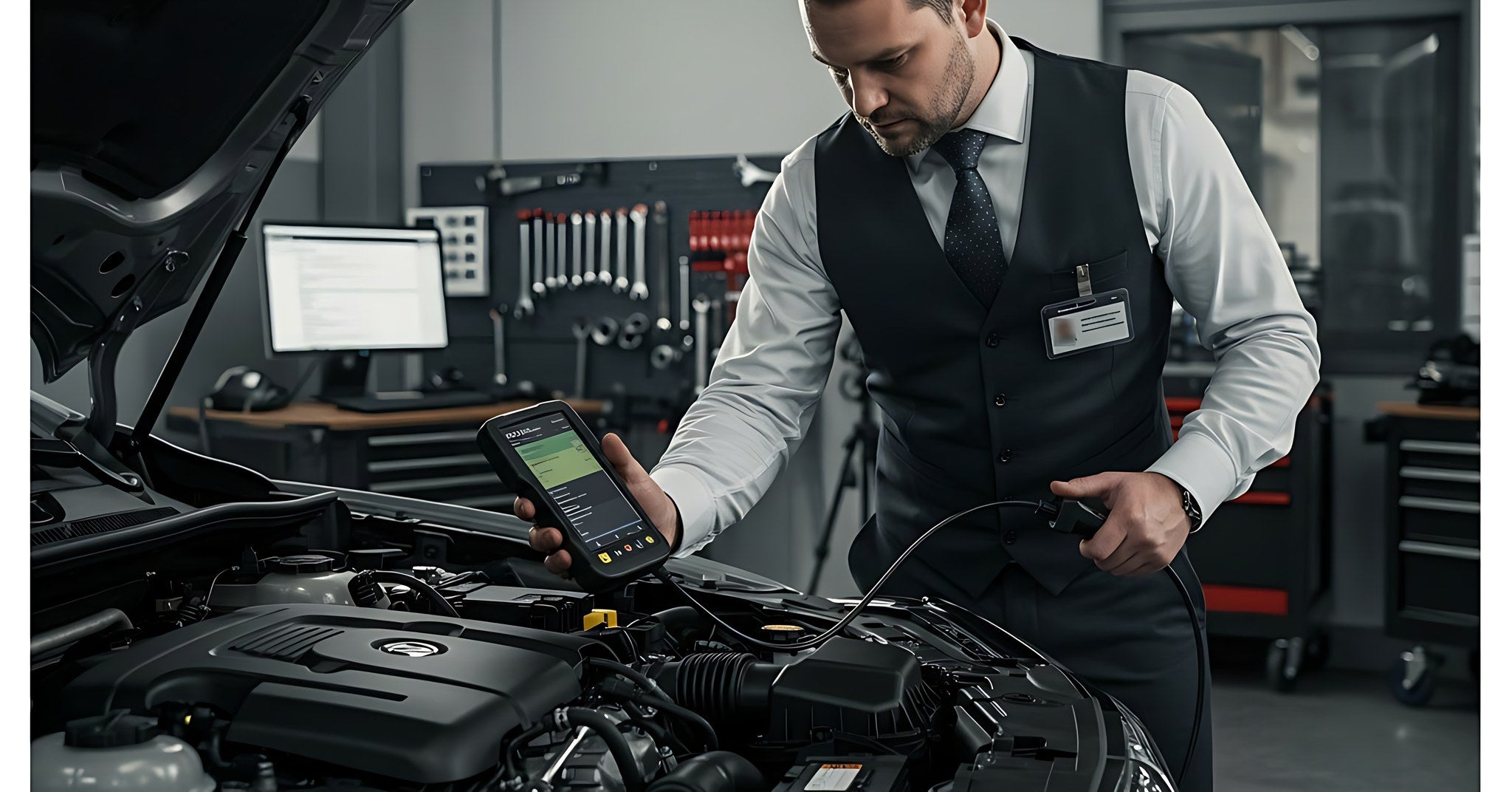 Mecanicien branchant une valise de diagnostic iCarsoft sous le capot d une voiture en atelier