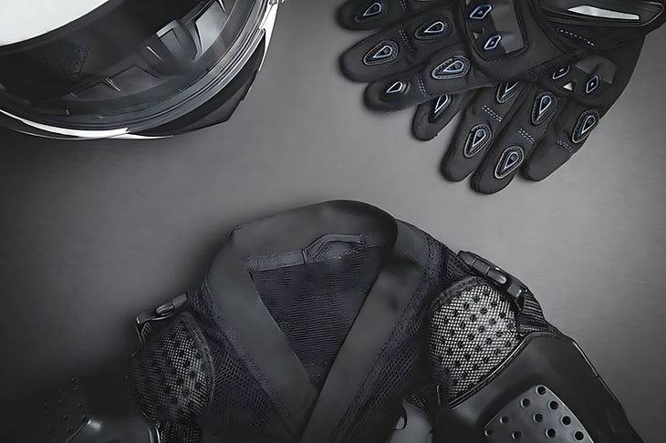 Equipement complet de protection pour motard avec casque gants de moto et combinaison noire