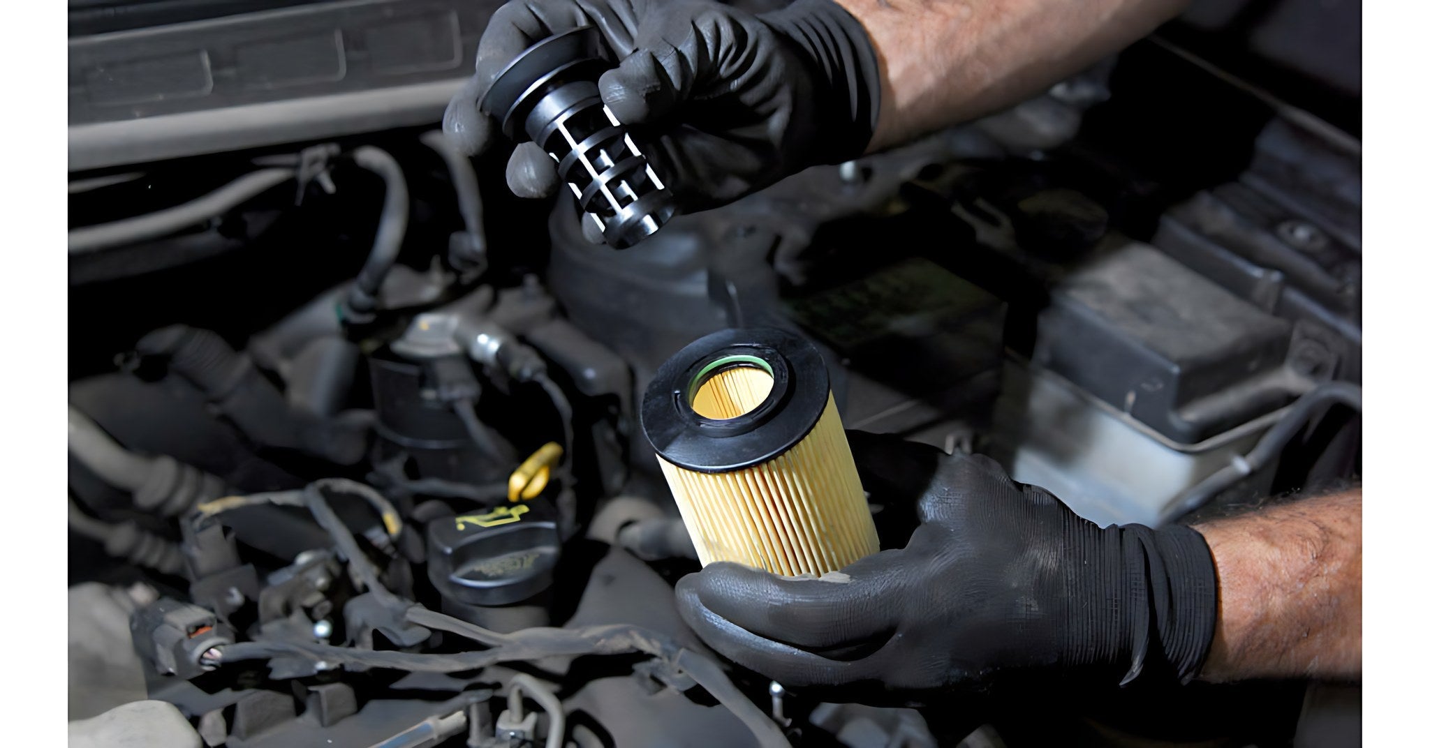 Mecanicien gante deposant un filtre a particules diesel pour un nettoyage en profondeur