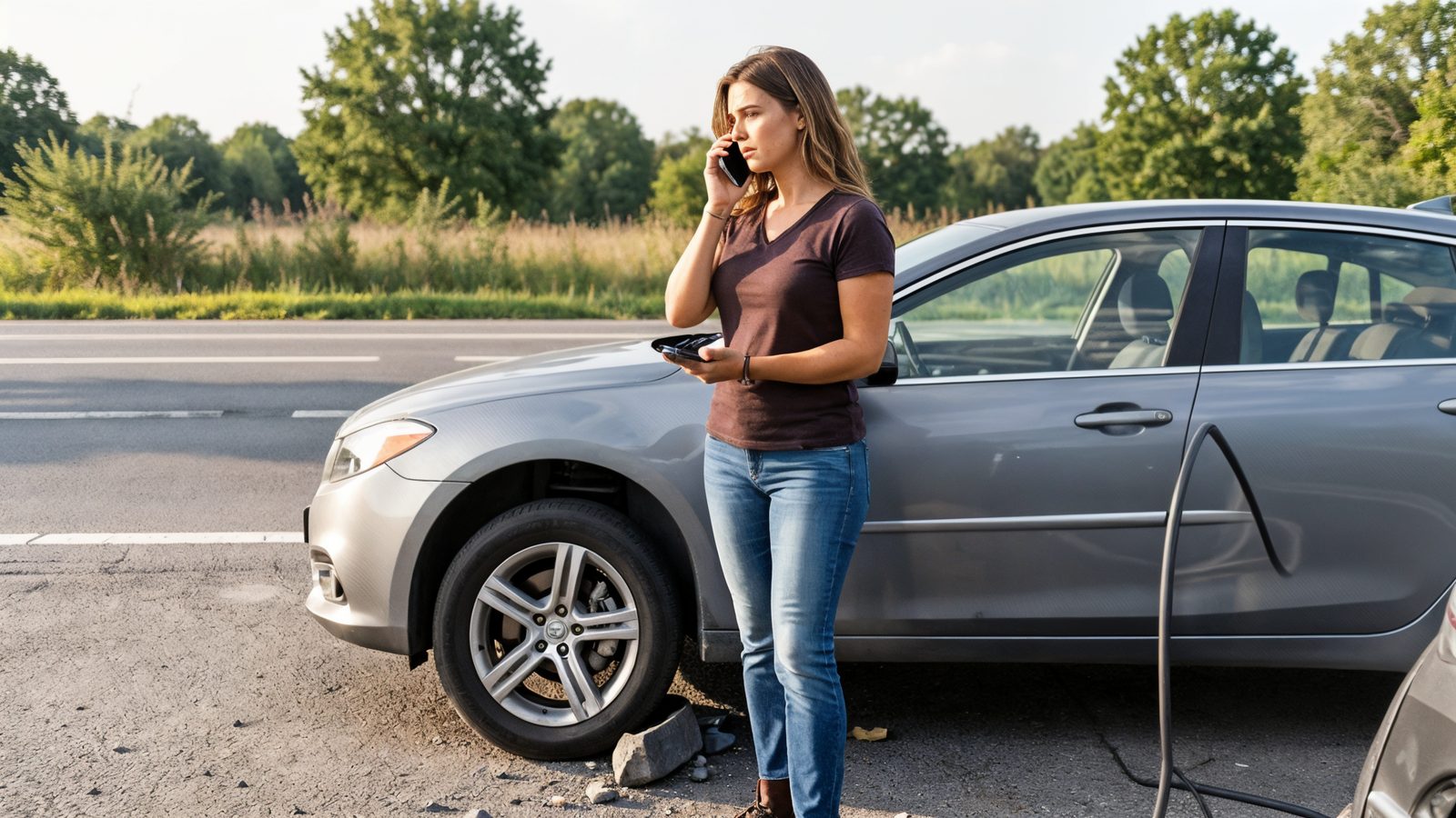 Femme au telephone pres d une voiture avec un pneu creve en panne sur la route