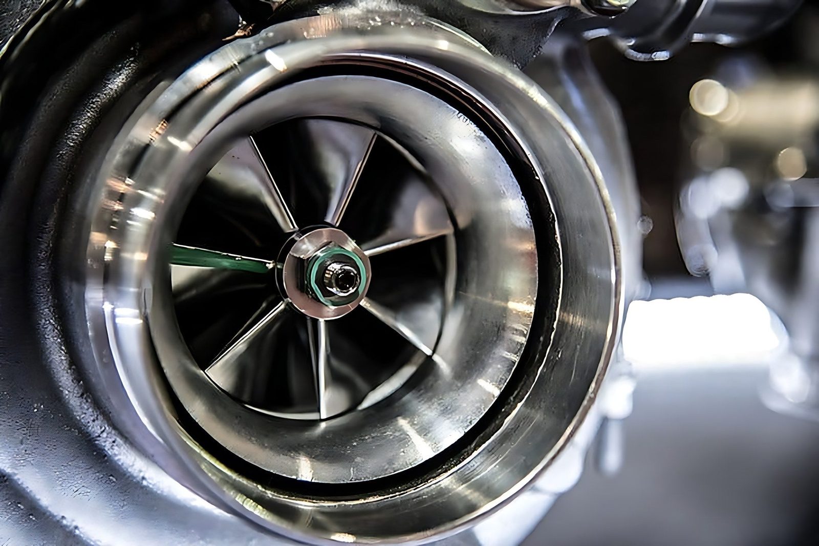 Gros plan sur helice de turbocompresseur de voiture defectueux avec probleme de turbo