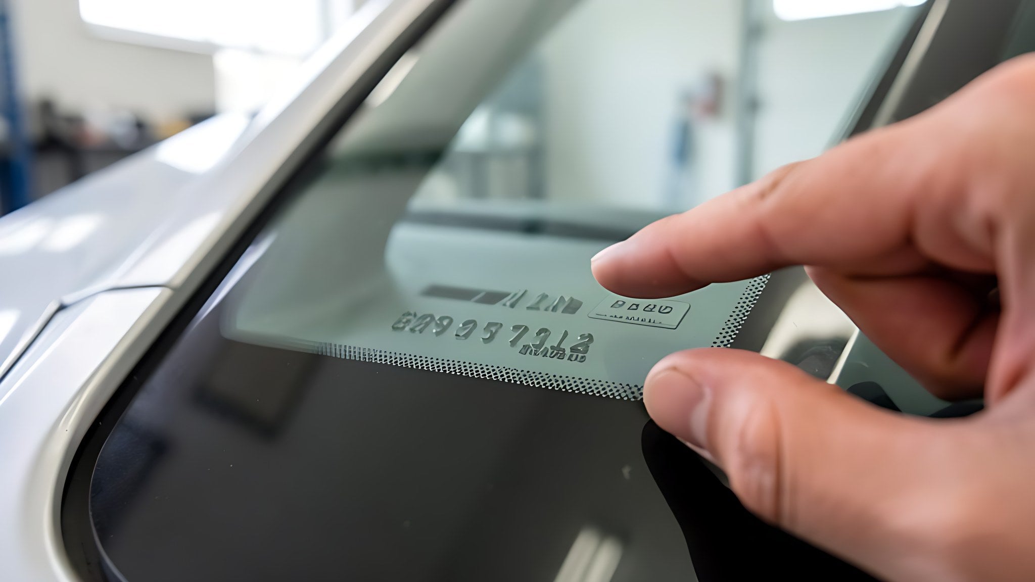 Gros plan sur un numero VIN grave sur le pare brise d une voiture avec la main d un mecanicien