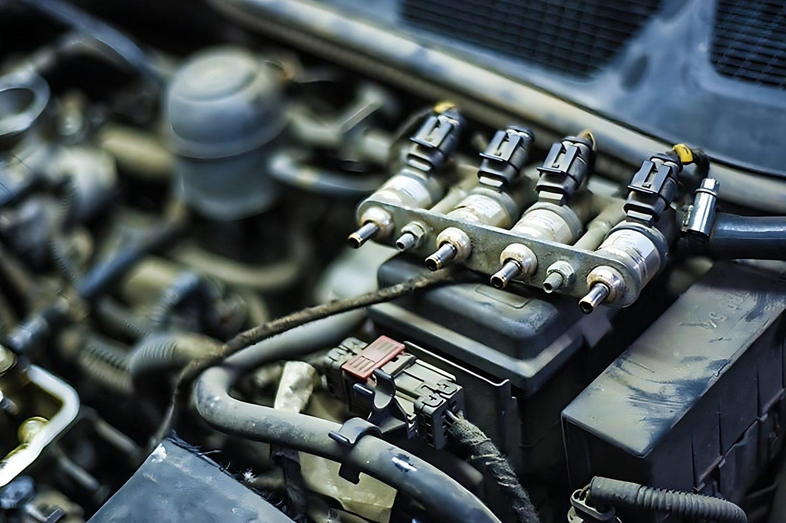Gros plan sur une rampe d injecteurs de carburant dans le moteur d une voiture
