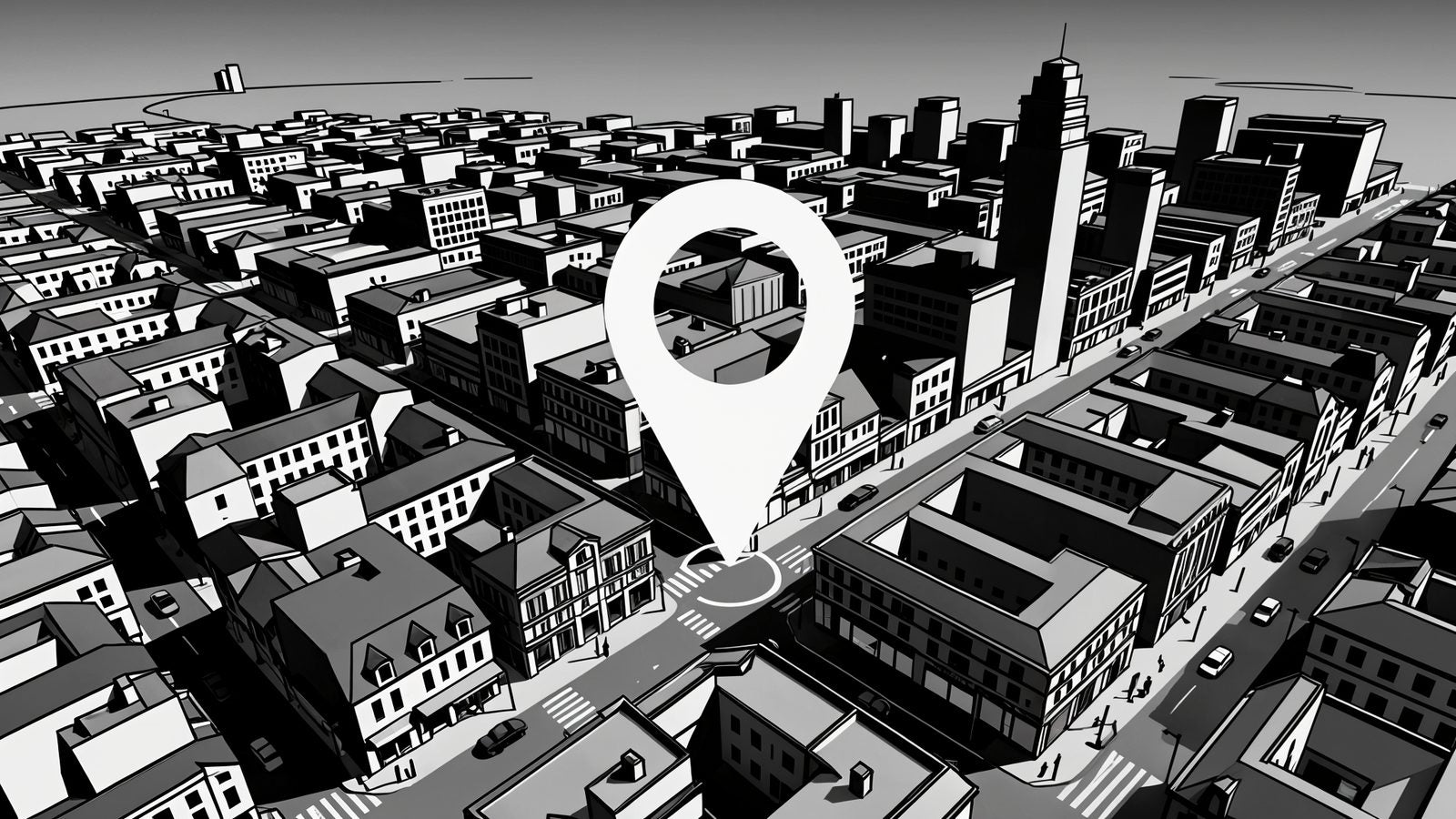 Icone de geolocalisation survolant une vue aerienne de ville pour la gestion de parc automobile