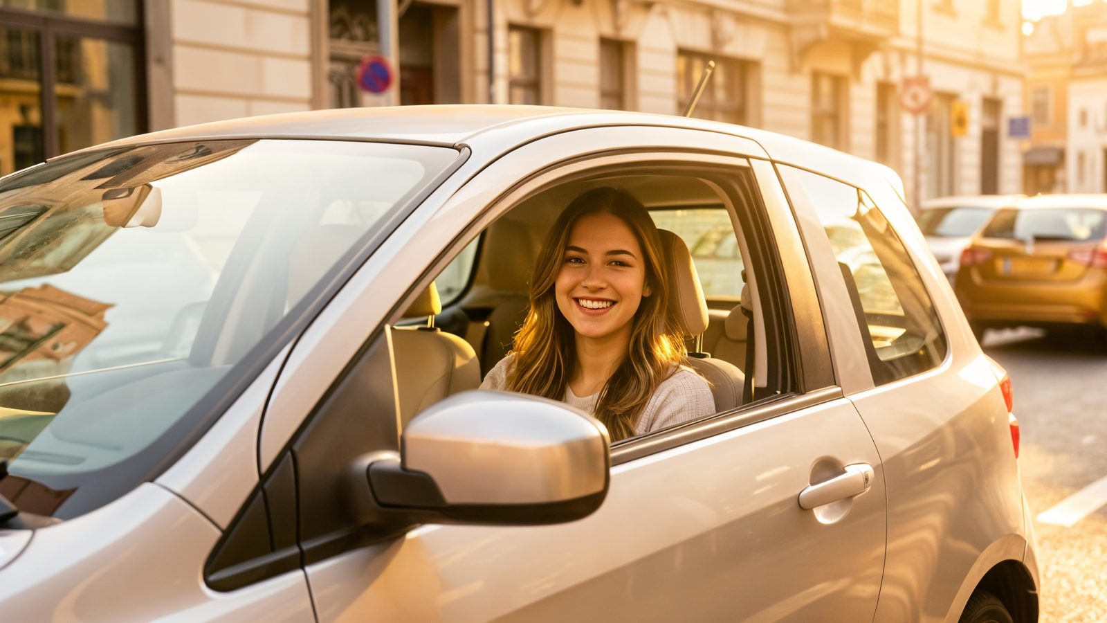 Jeune femme souriante a la fenetre de sa voiture citadine au soleil