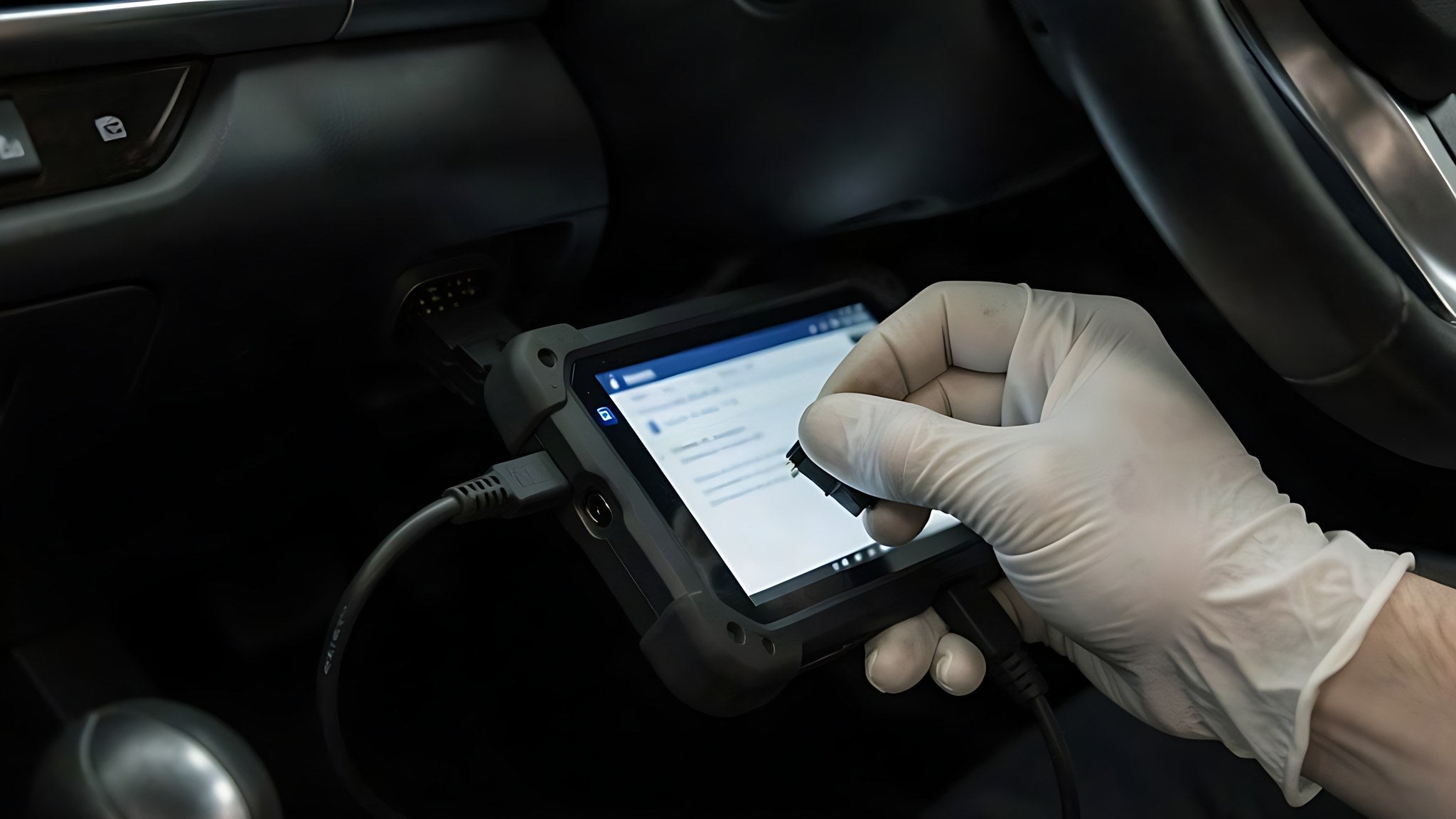 Branchement d'une valise de diagnostic sur la prise OBD2 pour lire un code défaut voiture