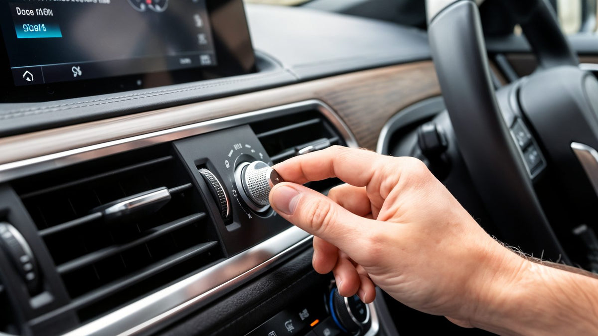 Main reglant le bouton rotatif de climatisation et de chauffage sur le tableau de bord dune voiture
