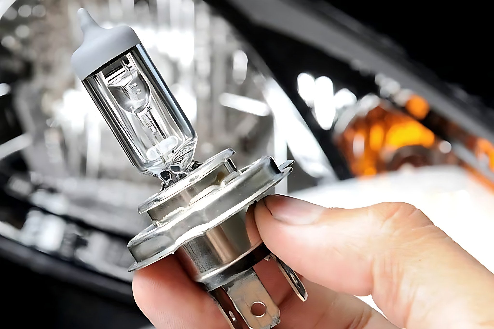 Main tenant une ampoule halogene H4 neuve pour le changement de phare de voiture