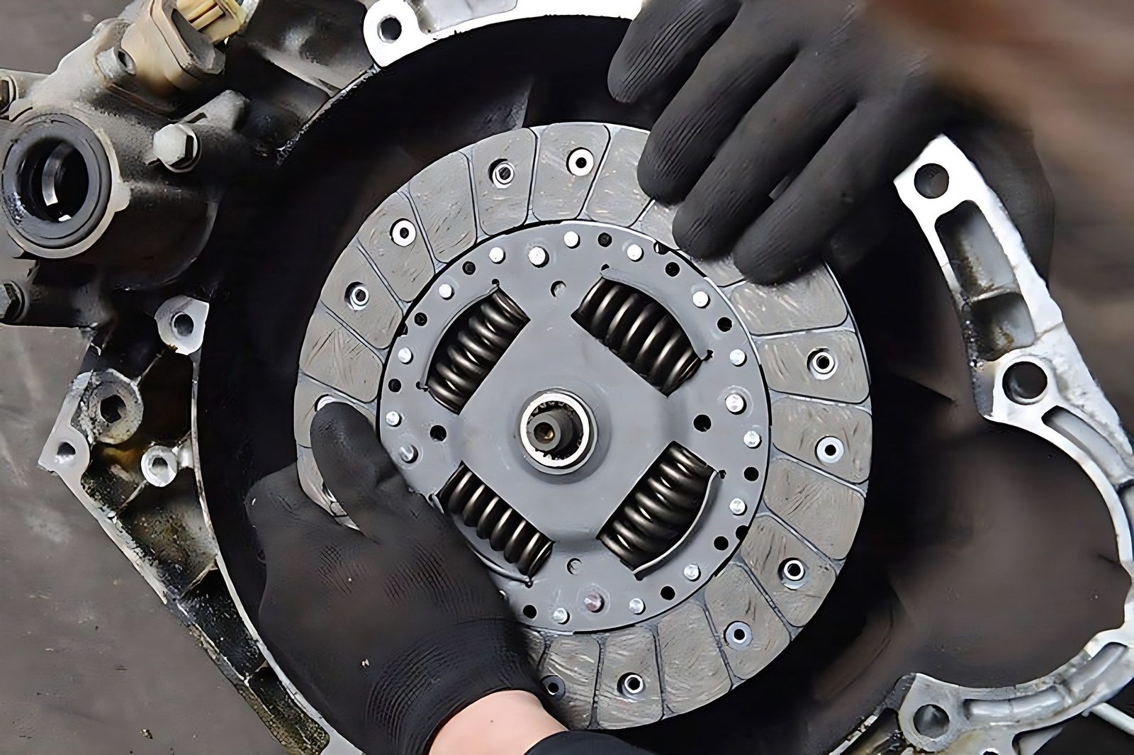 Mains d un mecanicien auto installant un disque d embrayage neuf sur une voiture