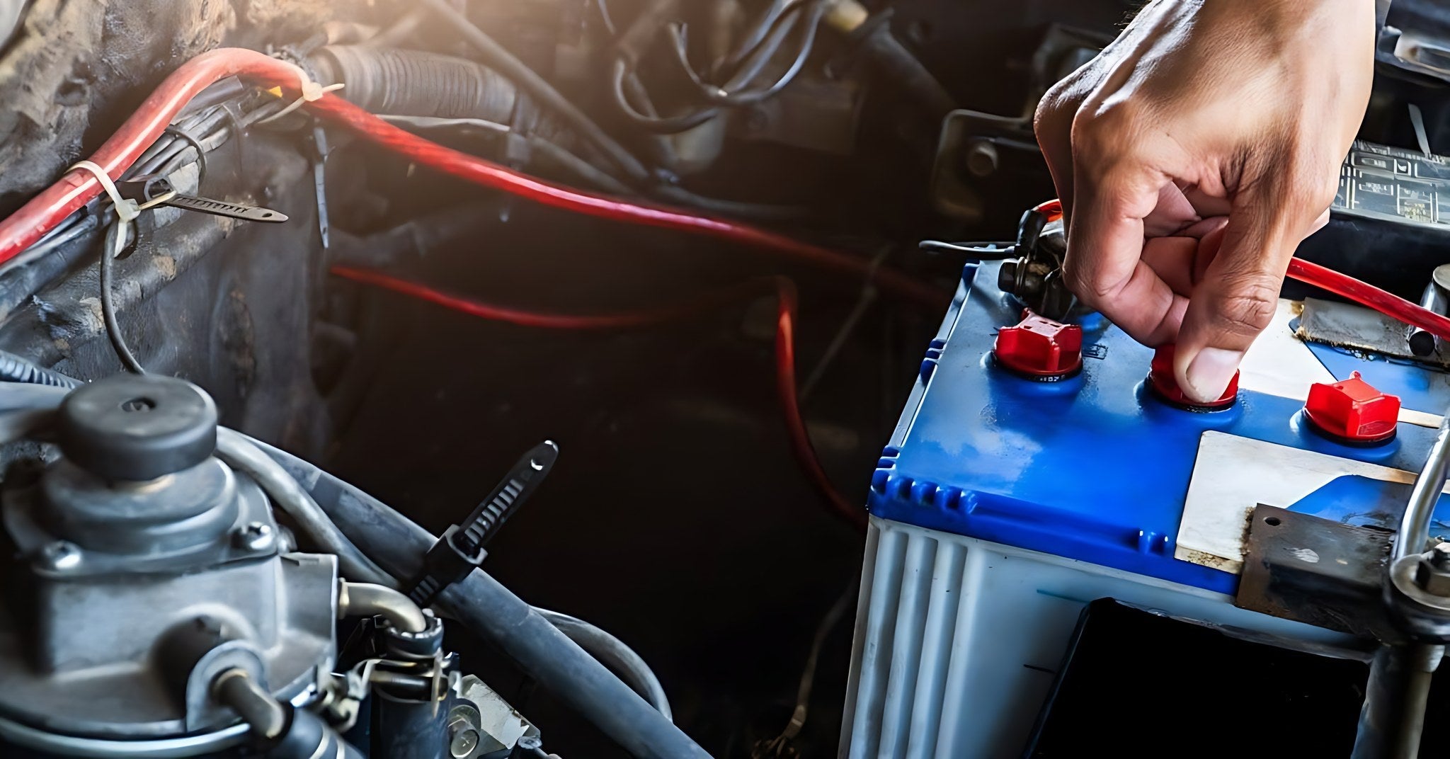 Mecanicien verifiant les bouchons et le niveau d electrolyte d une batterie de voiture