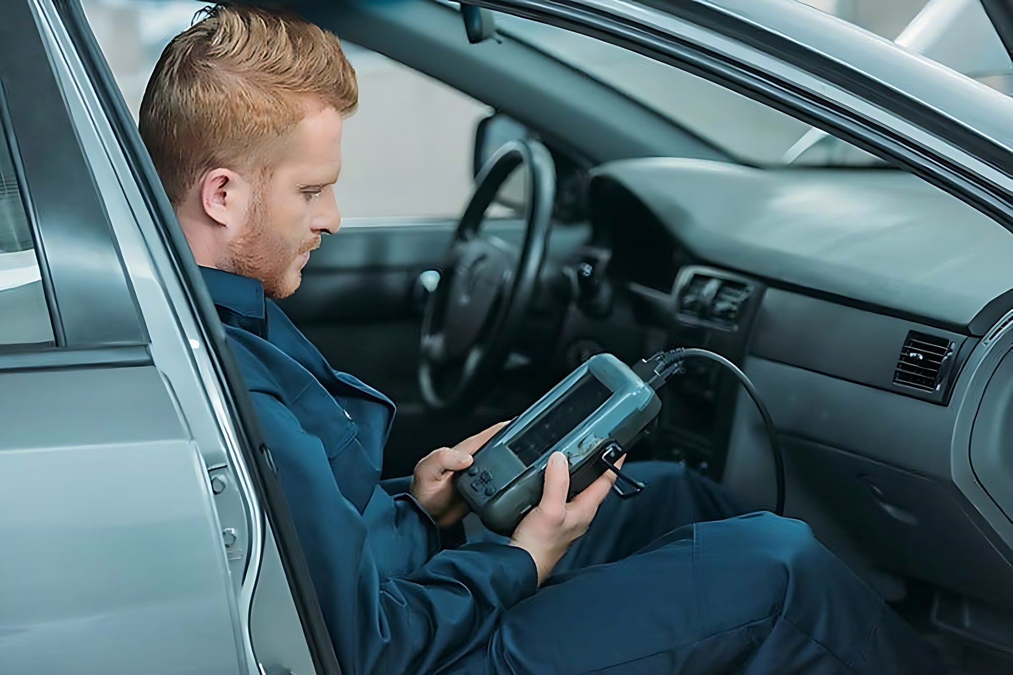 Mecanicien assis dans une voiture utilisant une valise de diagnostic multimarque iCarsoft