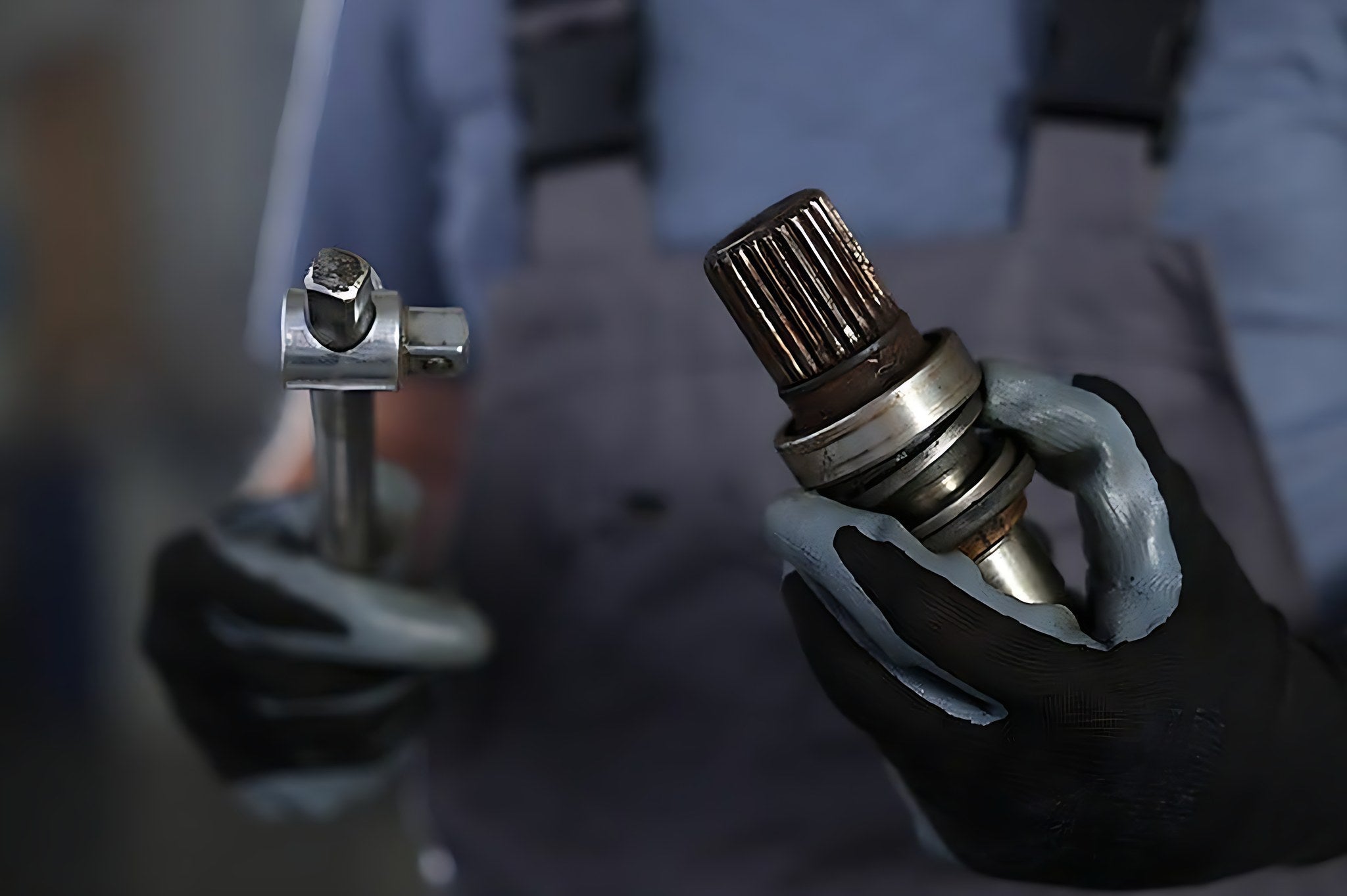 Mecanicien avec gants de protection presentant un arbre de transmission apres equilibrage