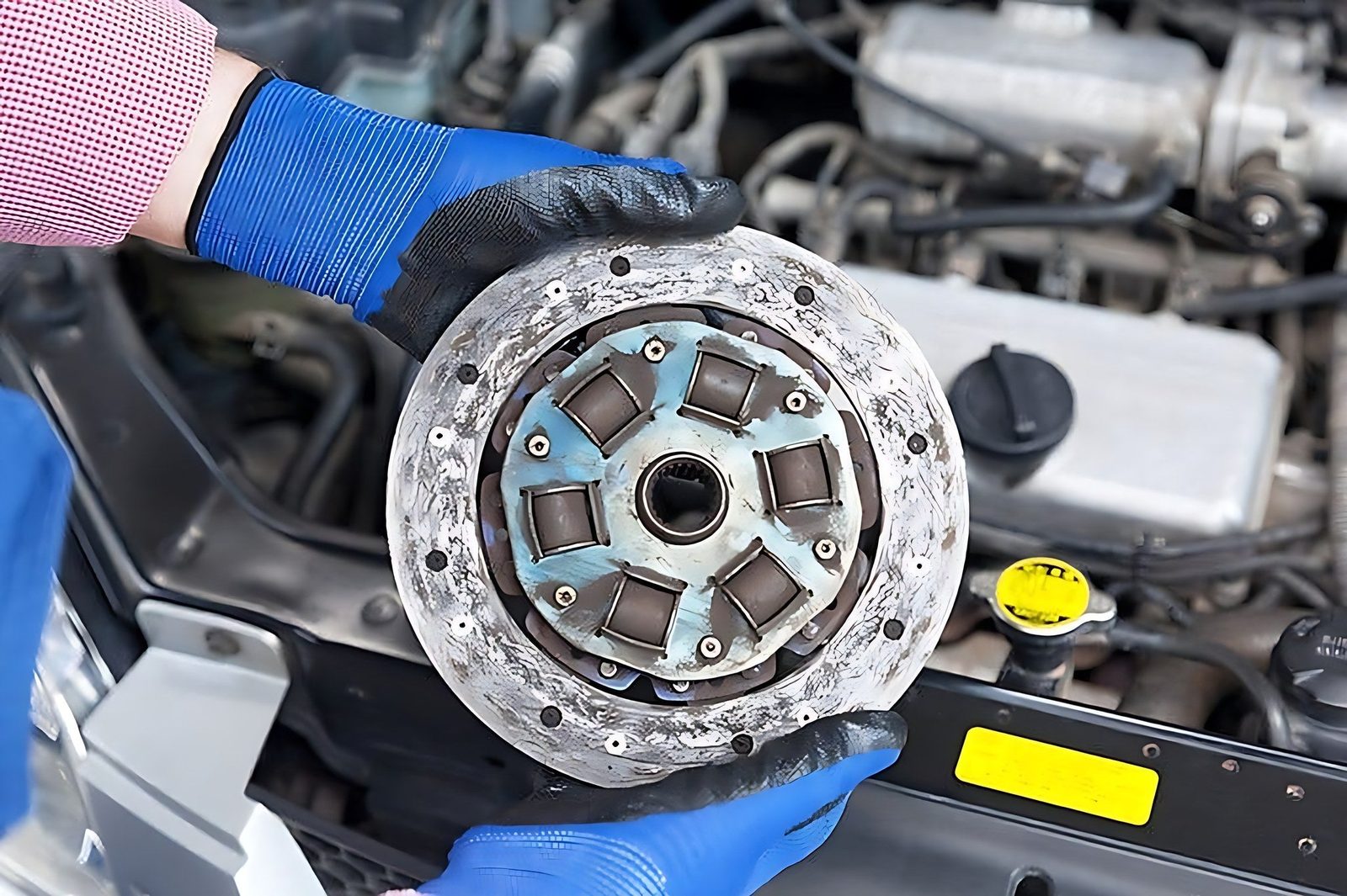 Mecanicien avec gants de protection presentant un disque d embrayage de voiture use
