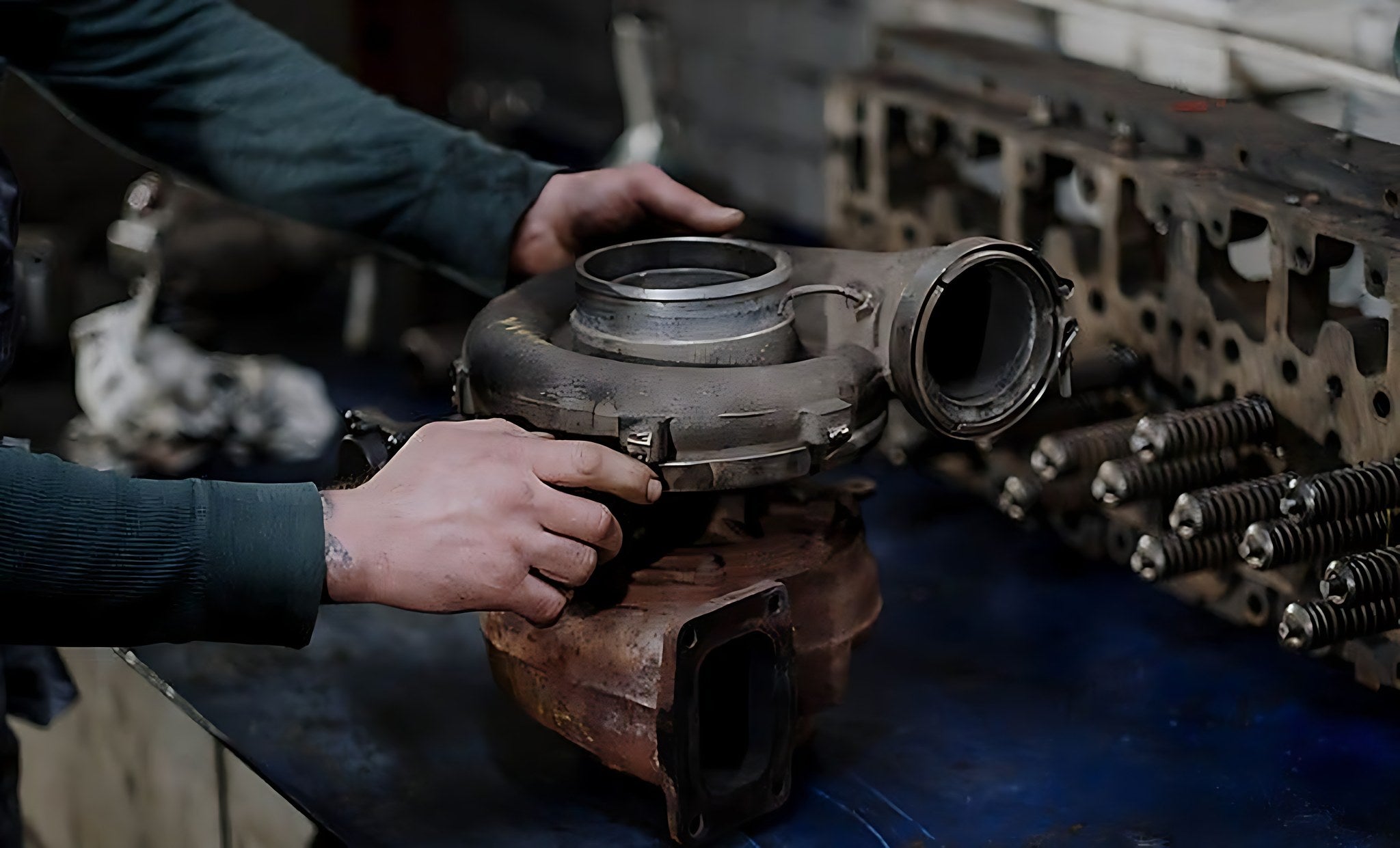 Mecanicien inspectant un turbo casse en roulant pour diagnostic et reparation de voiture