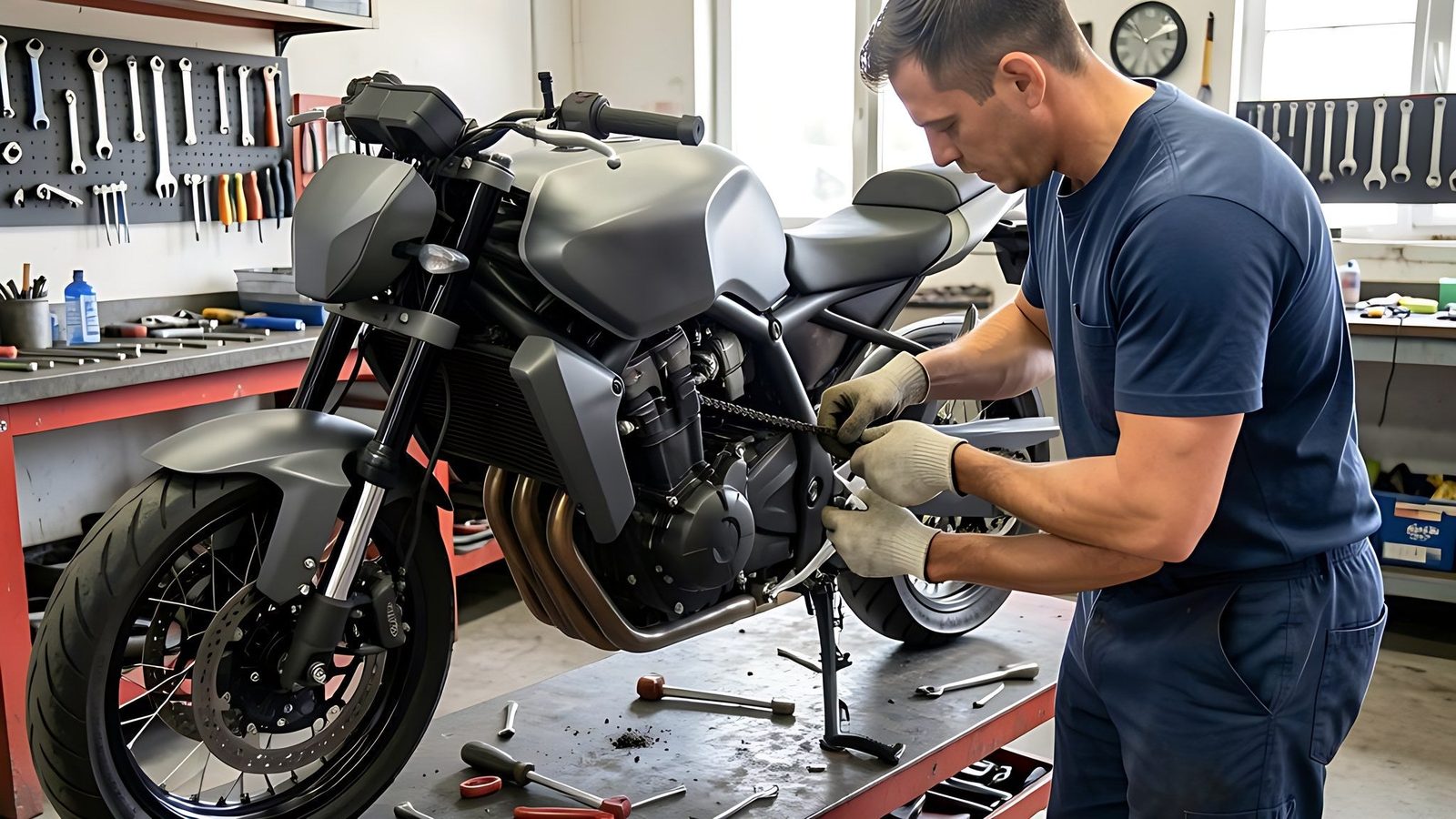 Mecanicien reglant la tension de chaine d une moto dans un garage professionnel
