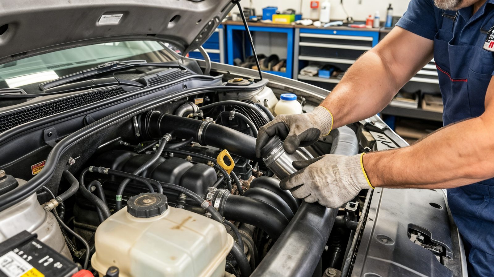 Mecanicien retirant un filtre a essence usage du moteur lors d une vidange