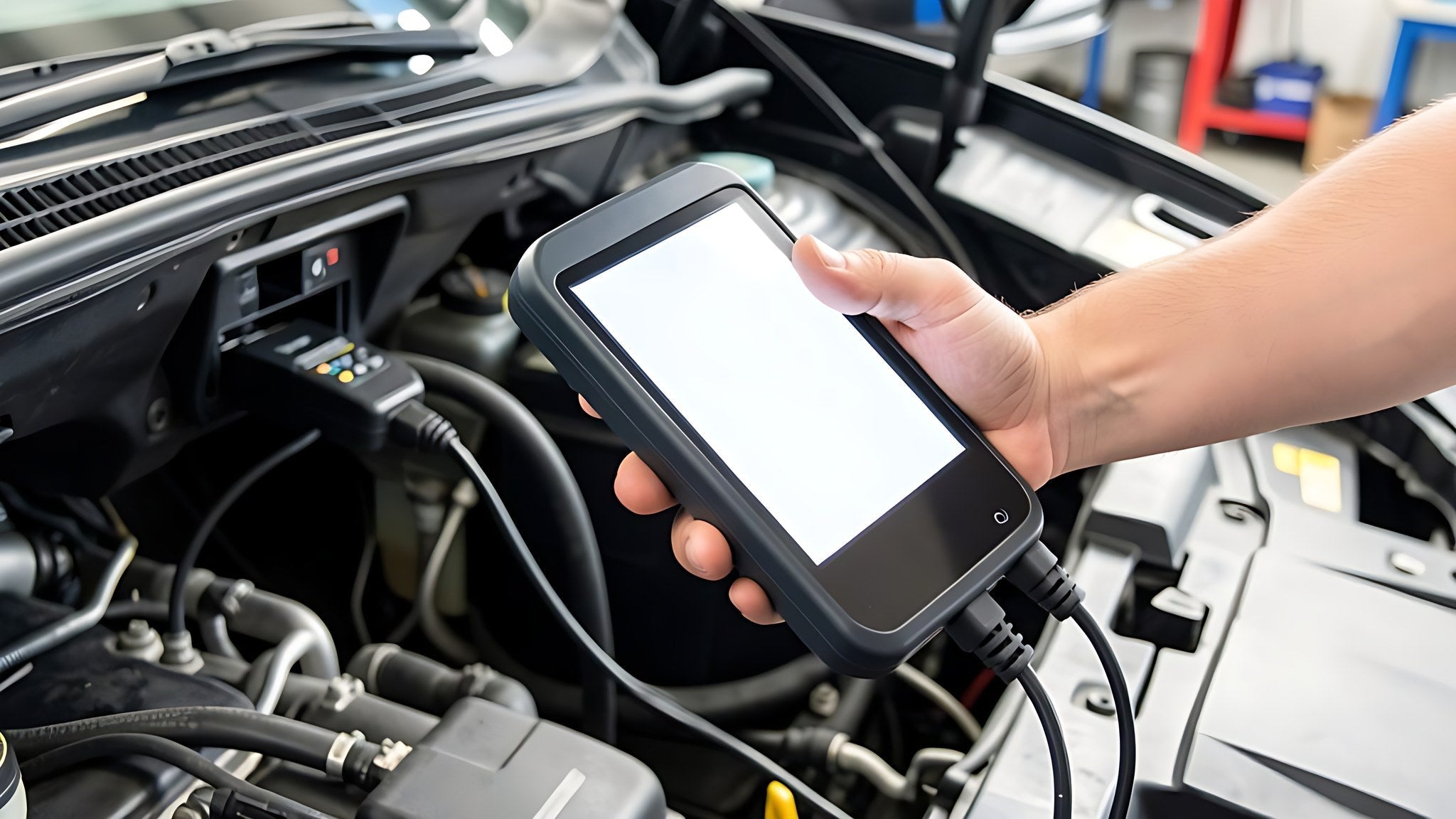 Mecanicien tenant une valise de diagnostic auto devant le moteur ouvert d une voiture