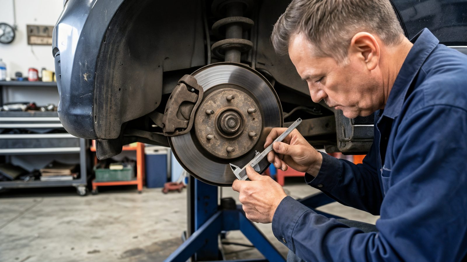 Mise en place de plaquettes de frein neuves sur le disque de frein d une voiture