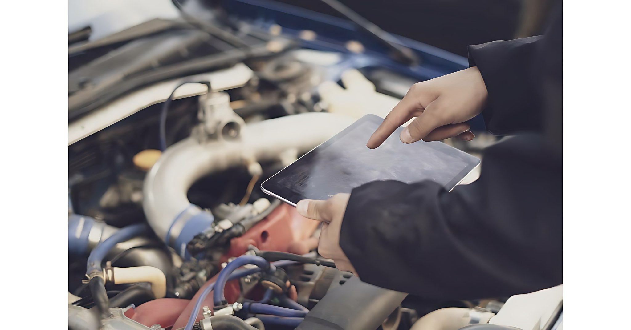 Mecanicien utilisant la tablette de diagnostic iCarsoft CR Max devant le moteur d une voiture