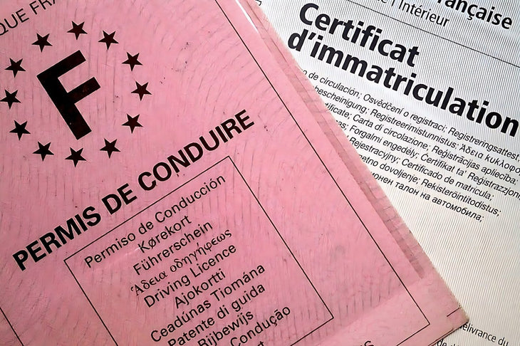 Permis de conduire francais et certificat d immatriculation poses pour des demarches administratives auto