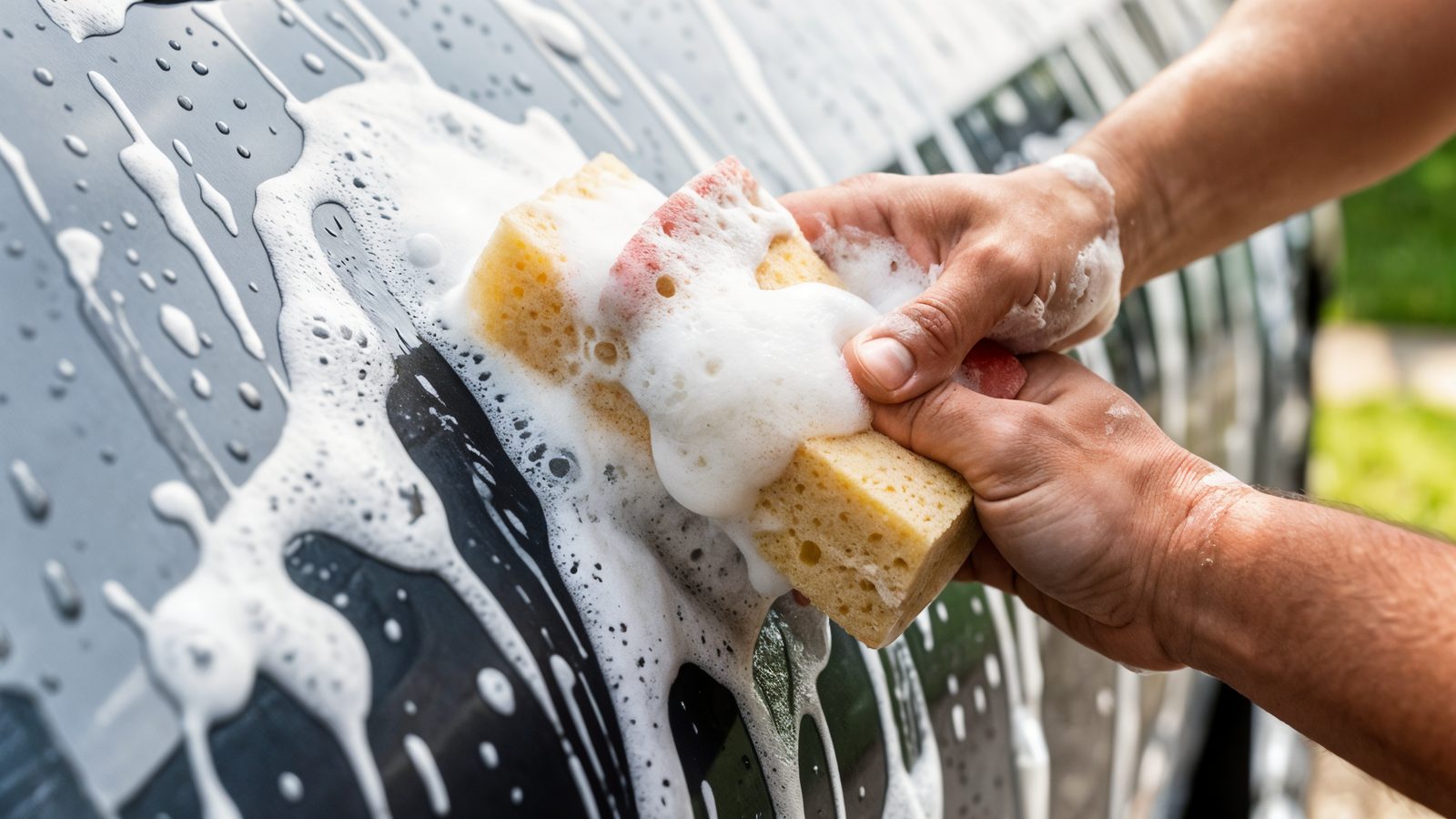 Personne tenant une eponge savonneuse pendant le lavage et l entretien d une voiture