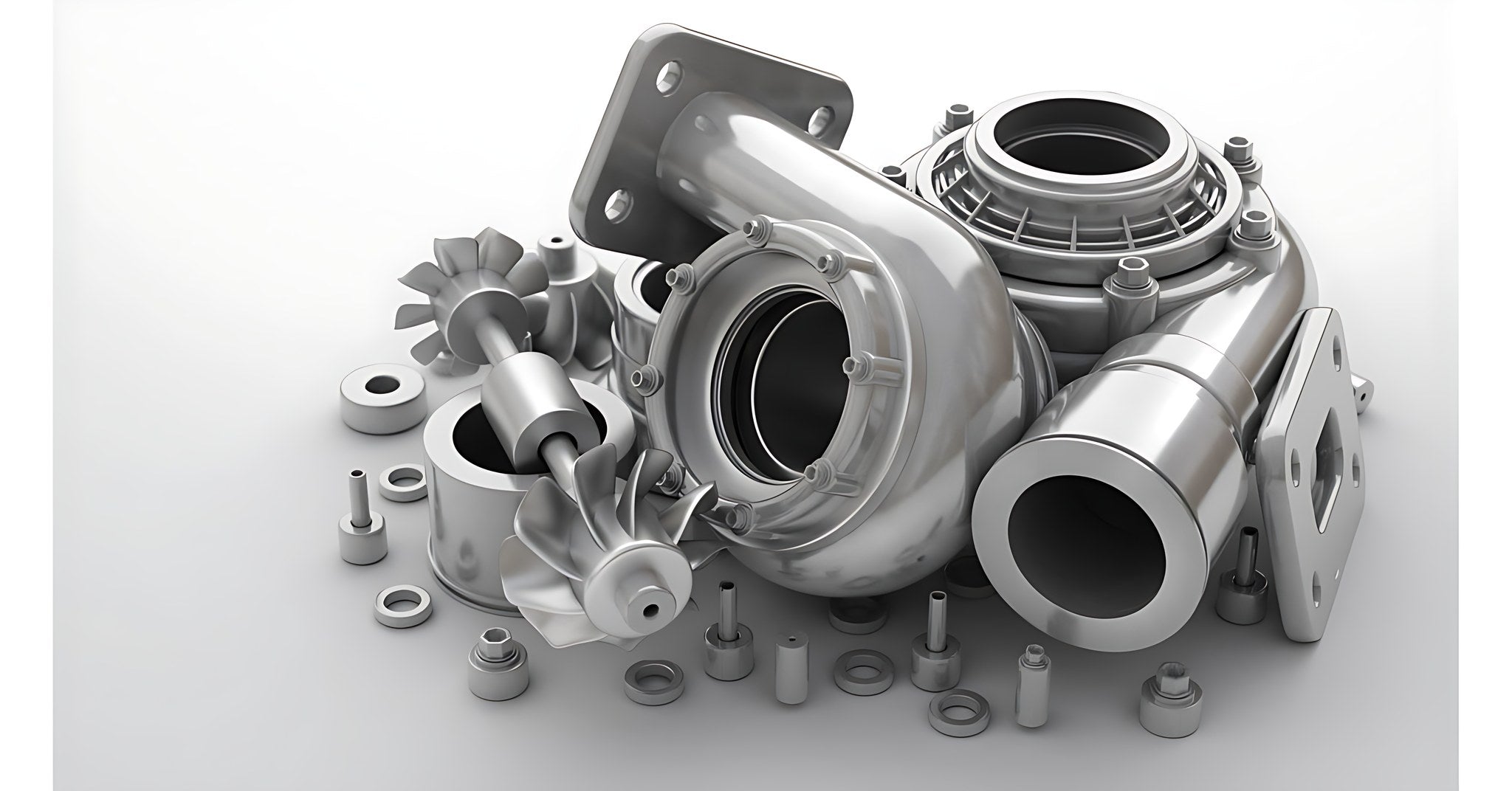 Turbocompresseur automobile en coupe pose au milieu de pieces de suralimentation moteur