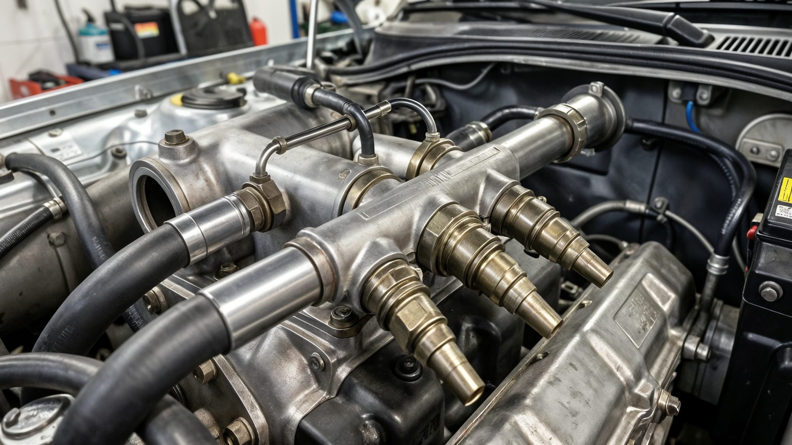Gros plan sur la rampe d'injection et les injecteurs d'un moteur diesel de voiture