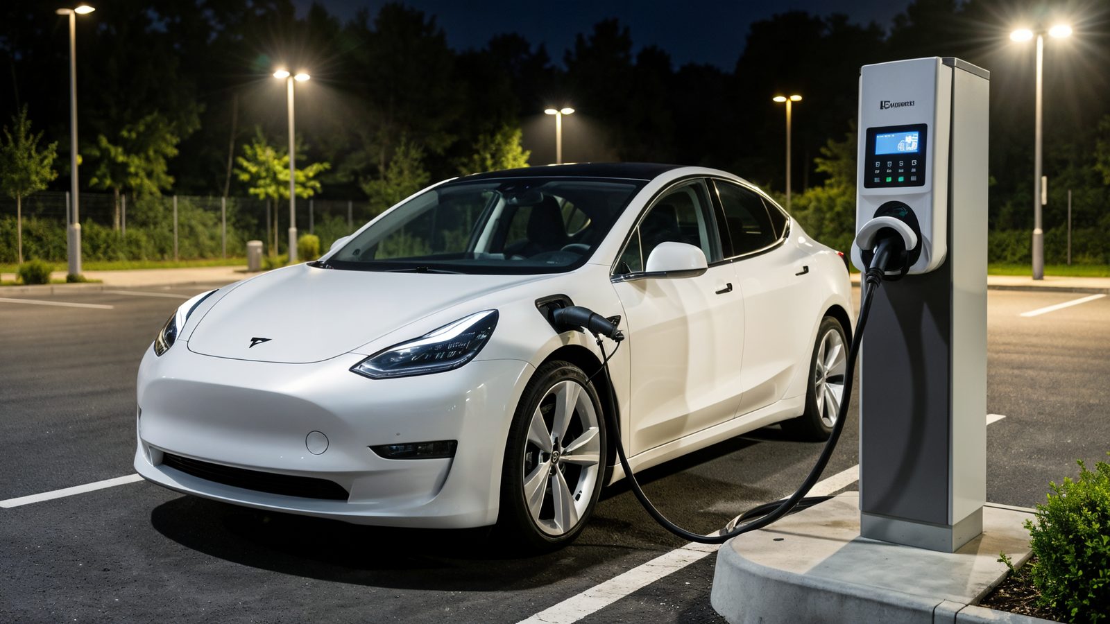 Voiture electrique blanche en cours de recharge sur une borne avec cable de forte puissance