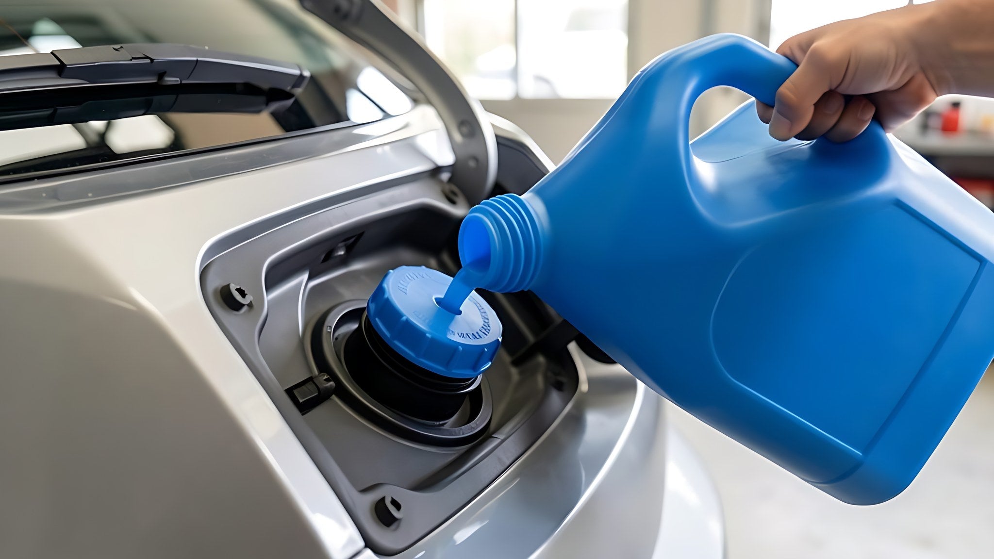Remplissage du reservoir AdBlue d une voiture diesel avec un bidon bleu au niveau de la trappe a carburant