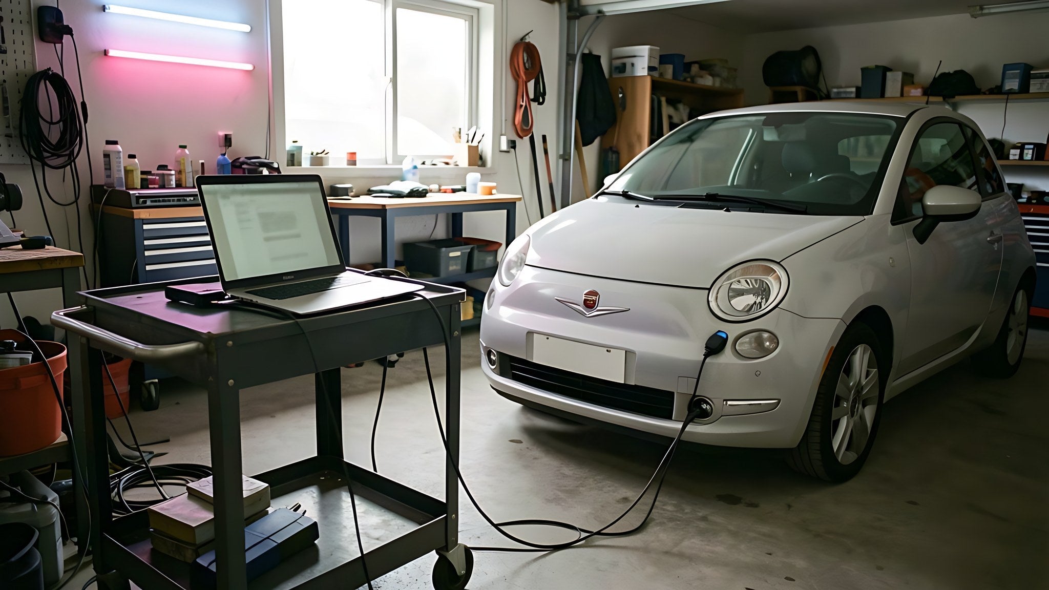 RenoLink sur ordinateur portable relié à une Renault par câble OBD2 dans un garage de particulier