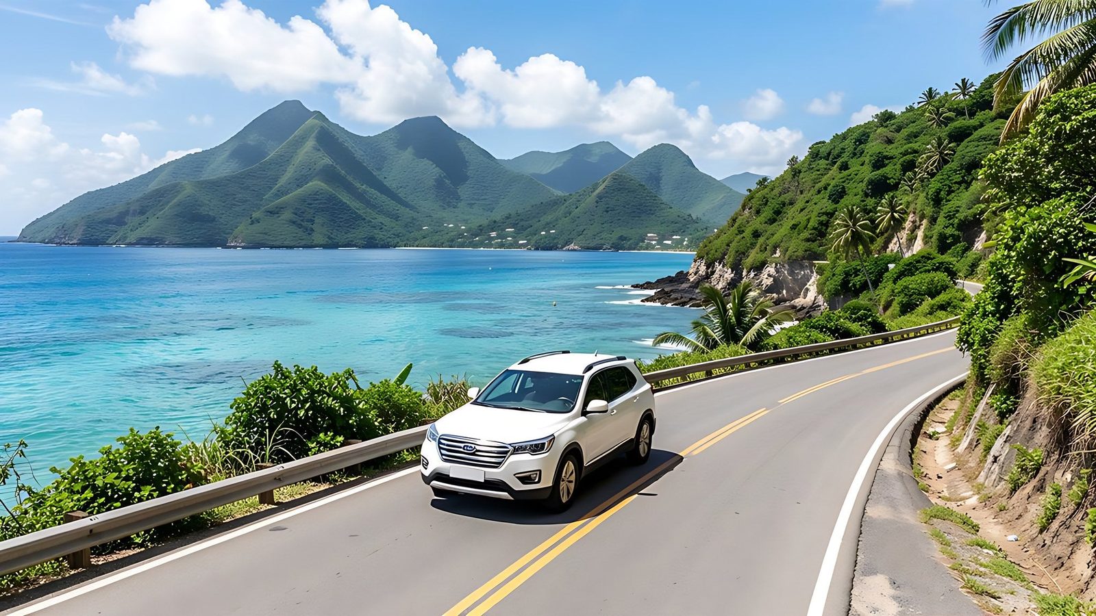 Route cotiere sinueuse en Martinique bordee de vegetation tropicale avec un vehicule de location