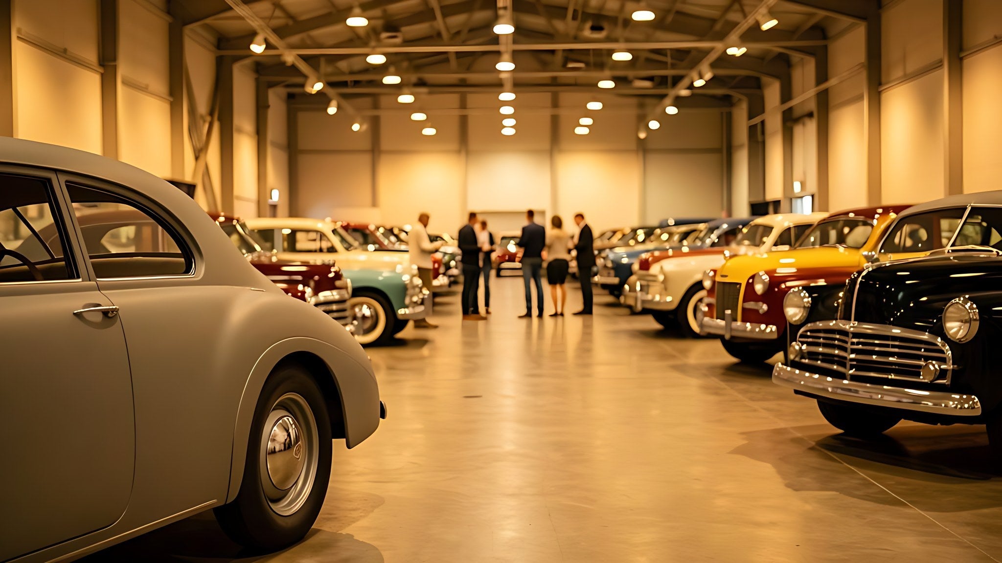 Salon d exposition de voitures anciennes avec des vehicules de collection alignes sous un eclairage chaleureux