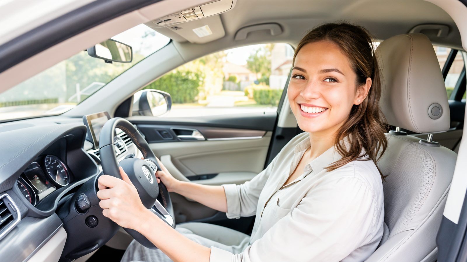 Sourire d une femme au volant d une voiture fiable et bien entretenue