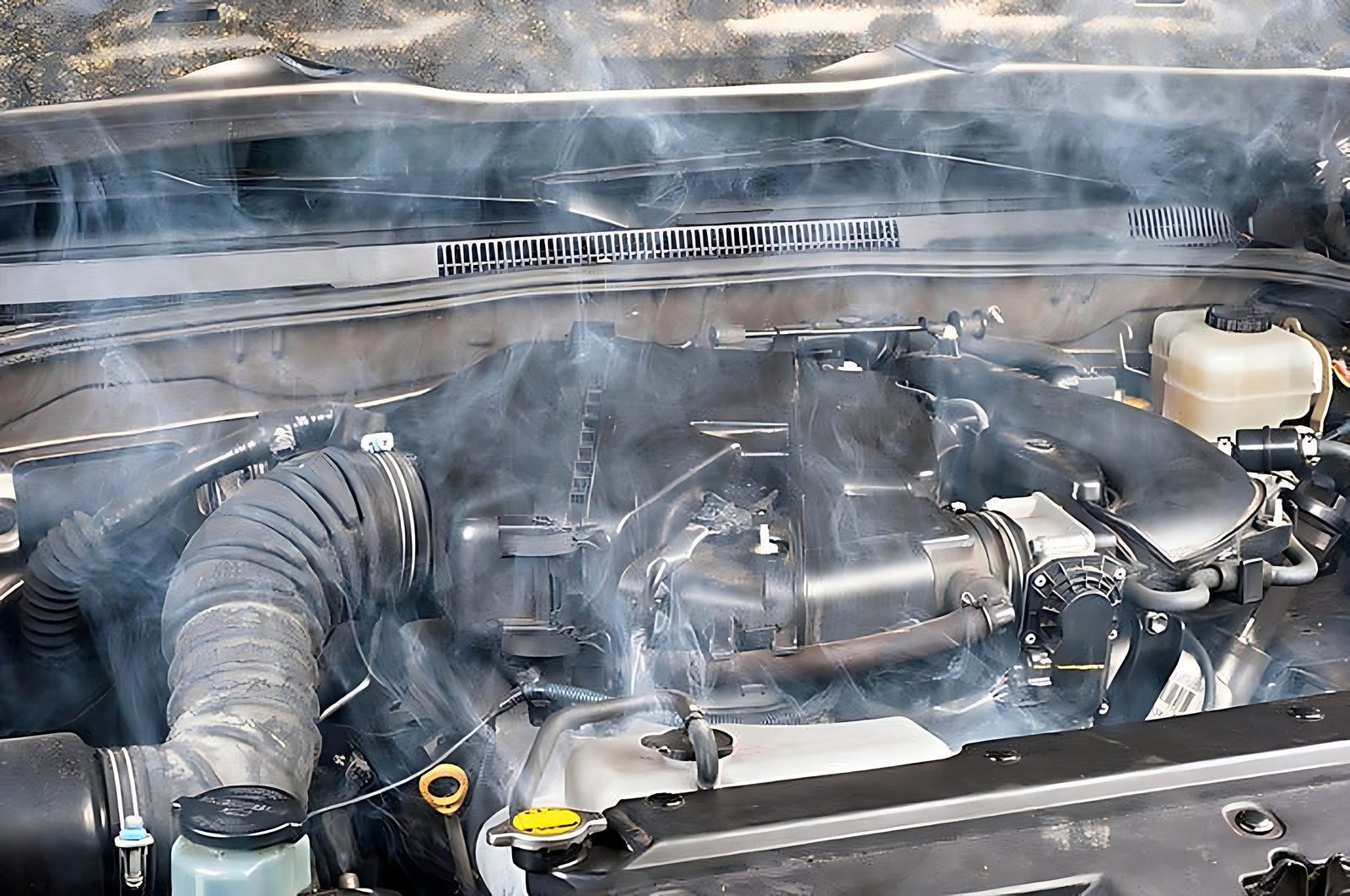 Fumee blanche s echappant du capot ouvert d une voiture en surchauffe moteur