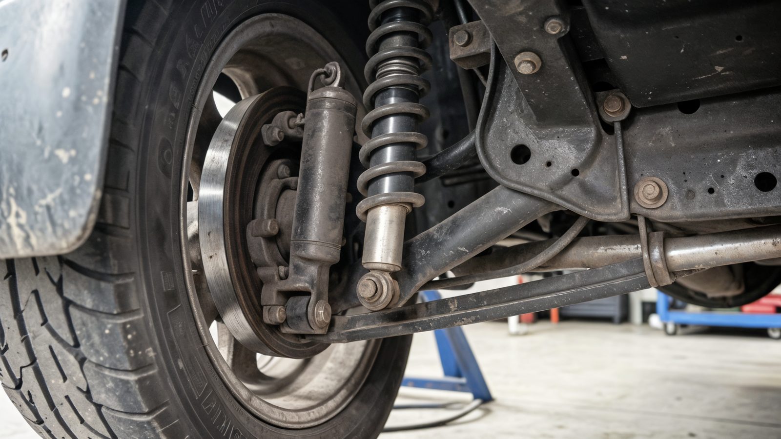 Gros plan sur un systeme de suspension automobile avec ressort et amortisseur