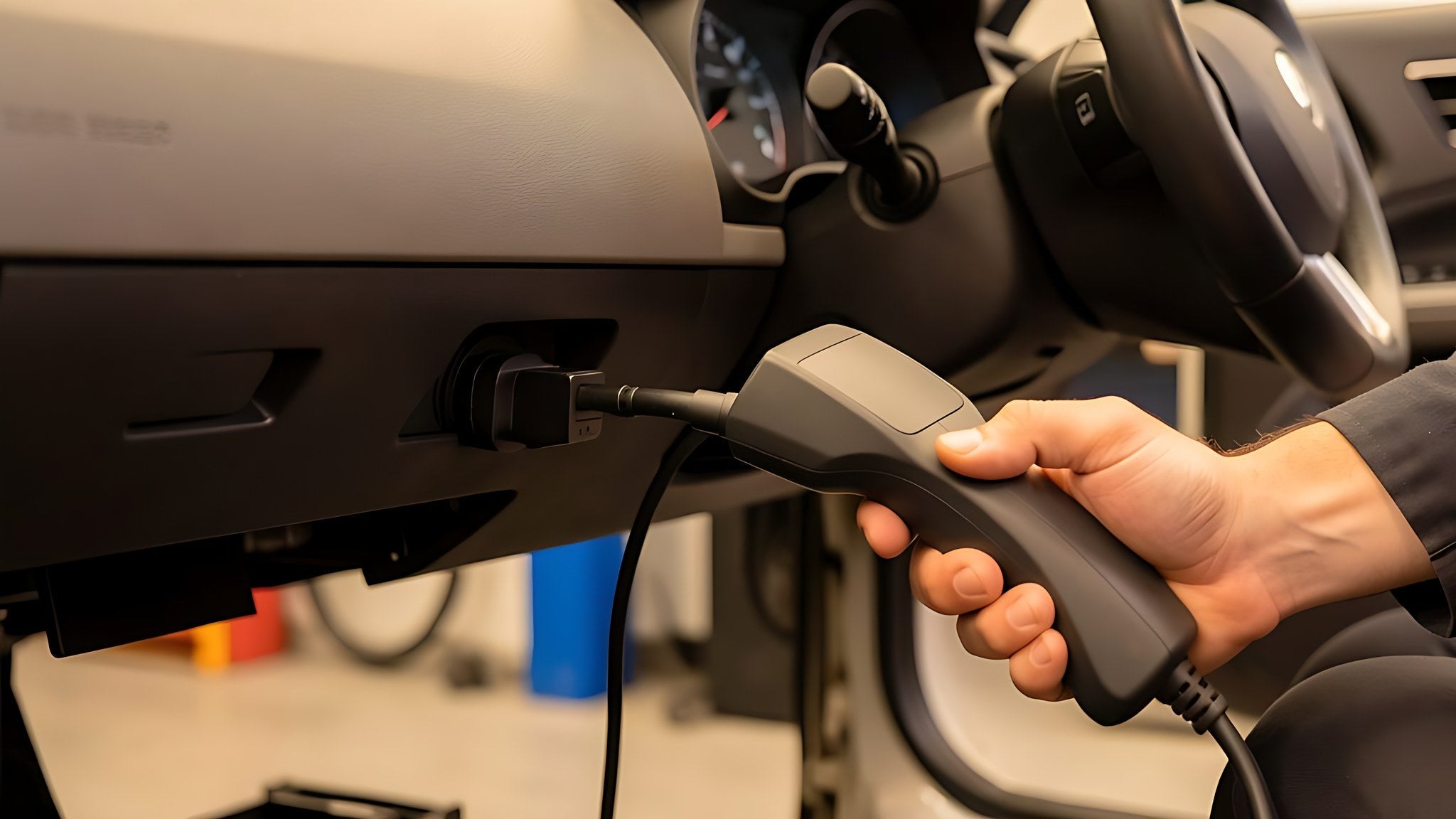 Technicien branchant une valise de diagnostic sur la prise OBD d une voiture pour un diagnostic moteur