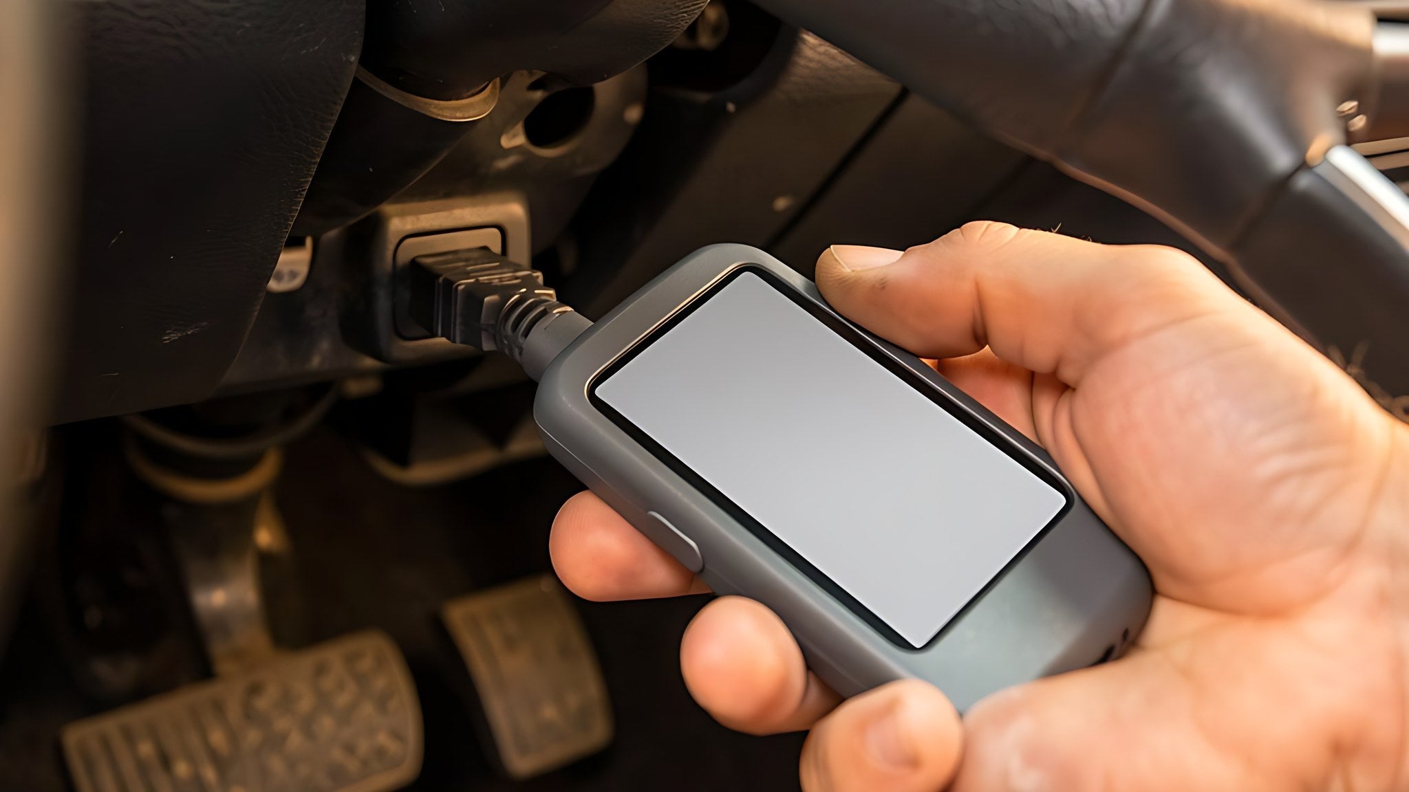 Technicien branchant une valise de diagnostic automobile sur la prise OBD sous le tableau de bord